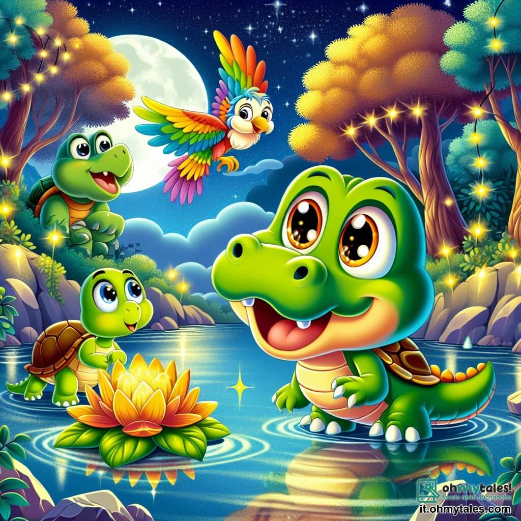 Un piccolo coccodrillo verde brillante di nome Carlo, con occhi lucenti e un ampio sorriso, si trova al bordo di un lago magico, l'acqua scintillante sotto la luce della luna. Ammira un magnifico fiore dorato che galleggia al centro del lago, le sue squame brillano come smeraldi. Accanto a lui, una dolce tartaruga di nome Tina, con un guscio marrone e occhi saggi, lo incoraggia con un sorriso caloroso. Sopra di loro, un pappagallo colorato, Pipo, con piume rosse, gialle e verdi, vola allegramente, aggiungendo colore al cielo notturno. Il lago è circondato da rocce scintillanti e alberi con foglie dorate, creando un'atmosfera magica e misteriosa. Carlo, pieno di eccitazione e un po' di apprensione, si prepara a toccare il fiore magico, simbolo di coraggio e amicizia.