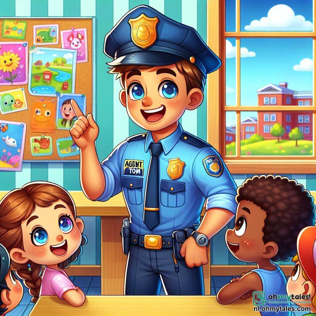 Agent Tom, een man van ongeveer dertig jaar in een blauw uniform, met een brede glimlach en sprankelende ogen, praat enthousiast met een groep kinderen. Hij heeft bruin haar en draagt een politiepet. Een 8-jarig meisje met vlechten en een roze t-shirt steekt haar hand op, met glinsterende ogen van opwinding, klaar om een vraag te stellen. Naast haar luistert een 7-jarig jongetje met een rode pet en een blauwe short aandachtig, met gekruiste armen en een nieuwsgierige uitdrukking op zijn gezicht. De scène speelt zich af in een kleurrijk klaslokaal, met educatieve posters aan de muren, houten bureaus en ramen die zonlicht binnenlaten. Kindertekeningen versieren de muren, wat een vrolijke sfeer toevoegt. Agent Tom legt zijn werk als politieagent uit aan de kinderen, terwijl ze samen lachen en plezier maken.