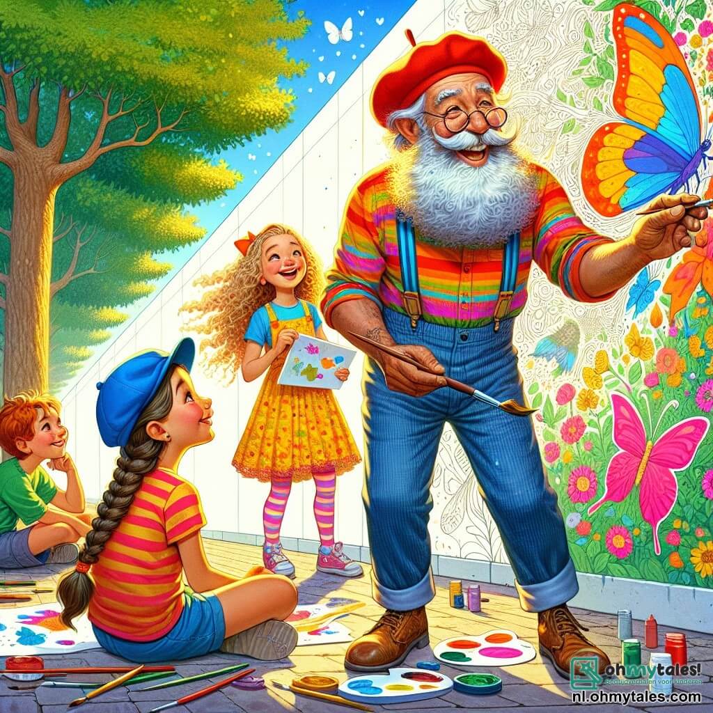 Een oudere man met een lange grijze baard en een kleurrijke bretel glimlacht vrolijk terwijl hij een penseel in zijn hand houdt. Hij draagt een felrode baret en een gestreepte multicolore shirt, vol energie en creativiteit. Naast hem kijkt een 8-jarig meisje met mooie vlechten en een stralende gele jurk vol verwondering naar de grote muur, klaar om een mooie vlinder te schilderen. Een 9-jarig jongetje met een blauwe pet en een groene t-shirt zit op de grond, gefocust op het tekenen van een boom, zijn ogen stralen van opwinding. De locatie is een zonnige schoolplein, omringd door grote groene bomen en kleurrijke bloemen, met een grote witte muur die klaar is om omgevormd te worden tot een kunstwerk. De hoofdscène toont de personages die vrolijk samenwerken, samen een prachtige muurschildering vol levendige kleuren schilderend, die dieren en bloemen voorstelt, terwijl ze lachen en ideeën delen.