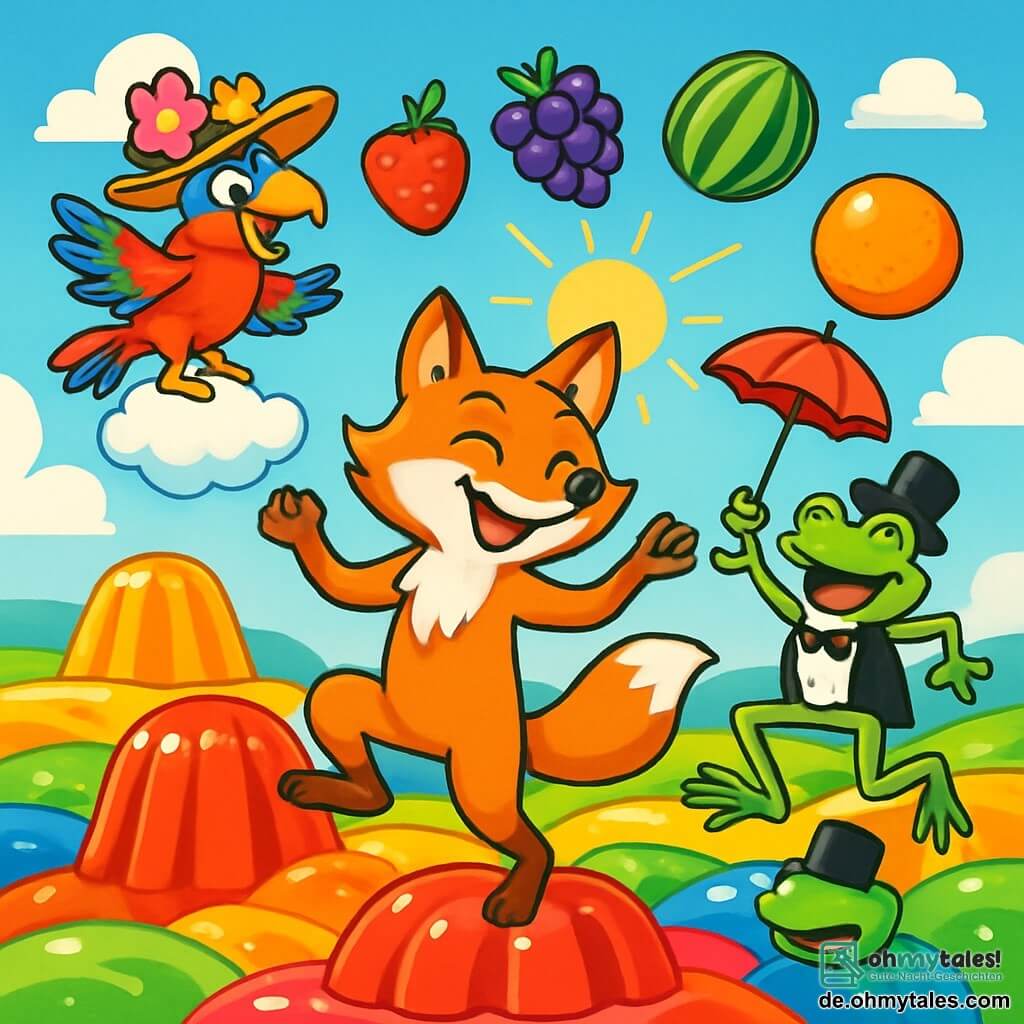 Ein schlauer und schelmischer Fuchs mit leuchtend orangefarbenem Fell und neugierigen Augen steht im Zentrum einer riesigen Wackelpuddingwiese und zeigt ein staunendes Lächeln. Er tanzt fröhlich mit erhobenen Pfoten, umgeben von leuchtenden Farben. Rechts von ihm springt ein Frosch im schwarz-weißen Anzug mit einem kleinen Zylinder begeistert herum und hält einen roten Regenschirm in der Hand, während er vor Freude lacht. Links von ihm sitzt ein bunter Papagei mit einem großen Blumenhut auf einer bonbonförmigen Wolke und ruft mit fröhlichem Ausdruck ermutigende Worte. Die Szene spielt sich auf einer verrückten Wiese ab, wo der Boden aus buntem Gelee besteht, das in der Sonne glitzert, und kuchenförmige Wolken im strahlend blauen Himmel schweben. Der energiegeladene Fuchs ist bereit, eine absurde Herausforderung anzunehmen: mit den Fröschen zu tanzen und dabei riesige Früchte, die vom Himmel fallen, zu jonglieren.