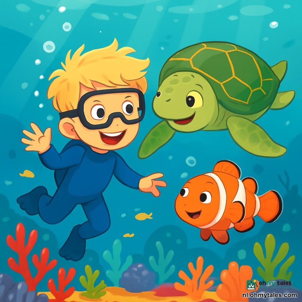 Een 8-jarig jongetje, Finn, met toushaar en nieuwsgierige ogen, zwemt vrolijk onder water in een blauwe duikpak. Zijn gezicht straalt verwondering en opwinding uit terwijl hij de onderwaterwereld ontdekt. Naast hem zwemt een grote zeeschildpad met een groene schild en gouden patronen, die vriendelijk glimlacht en Finn de wonderen van de oceaan toont. Iets verderop danst een kleurrijke clownvis, oranje en wit, om Finn heen en voegt vreugde toe aan de scène. De achtergrond toont een prachtig koraalrif vol kleurrijke koralen, glinsterende vissen en luchtbellen die naar de oppervlakte stijgen. Het zonlicht filtert door het water en creëert gouden reflecties op het zand. Finn volgt verwonderd de zeeschildpad door dit betoverende onderwaterlandschap, klaar voor een onvergetelijk avontuur.