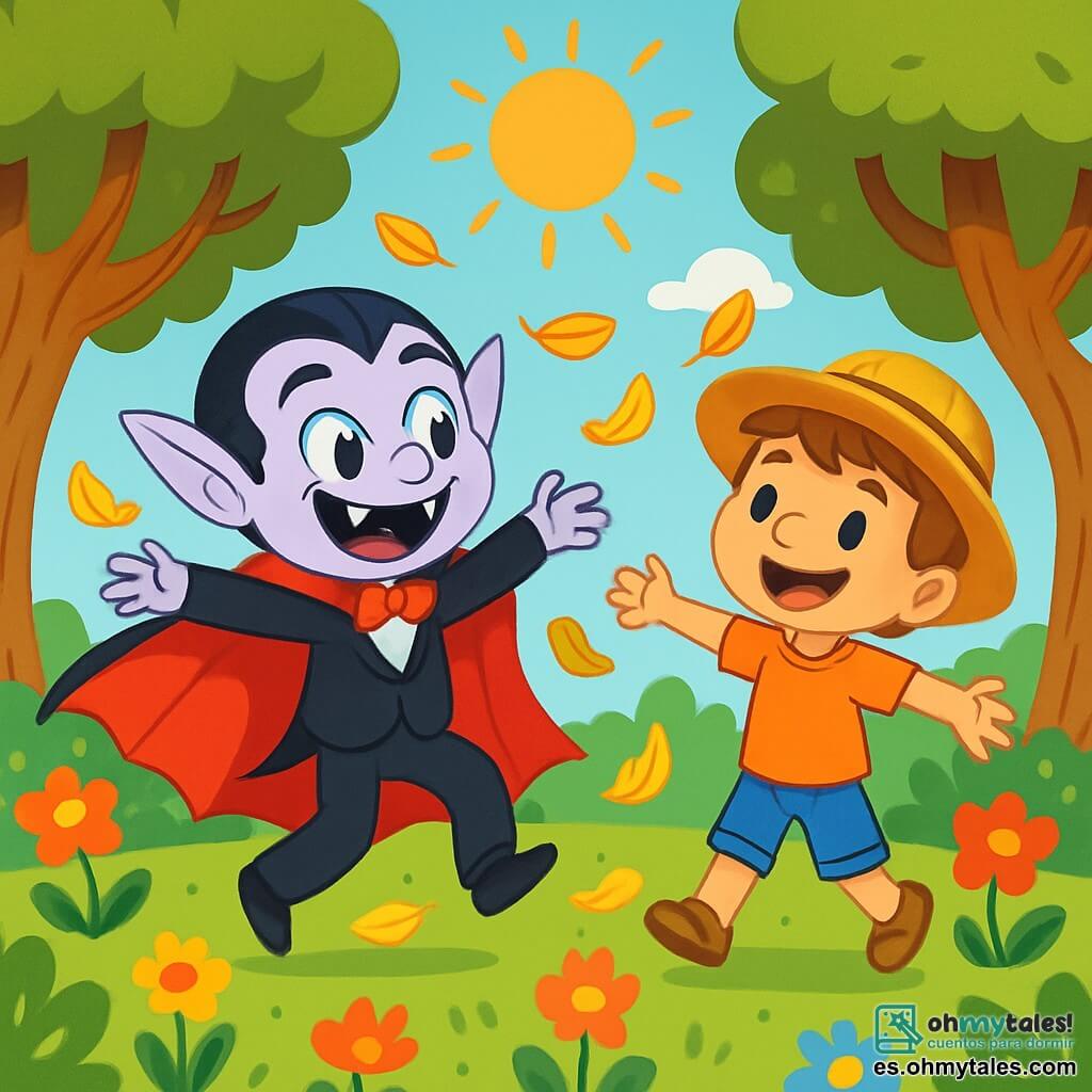 Un vampiro travieso con una capa roja brillante y ojos chispeantes de malicia baila alegremente en un jardín encantado, rodeado de hojas doradas que giran a su alrededor. A su lado, un niño de 8 años, Lucas, con una gran sonrisa y un sombrero de paja, mira al vampiro con asombro, los brazos abiertos como si quisiera unirse a la danza. El jardín está lleno de flores coloridas y grandes árboles con troncos retorcidos, bajo un cielo azul claro donde brilla el sol, creando sombras danzantes en el suelo. La escena principal muestra al vampiro y a Lucas celebrando la magia de la amistad, con hojas volando a su alrededor, creando una atmósfera alegre y encantada.