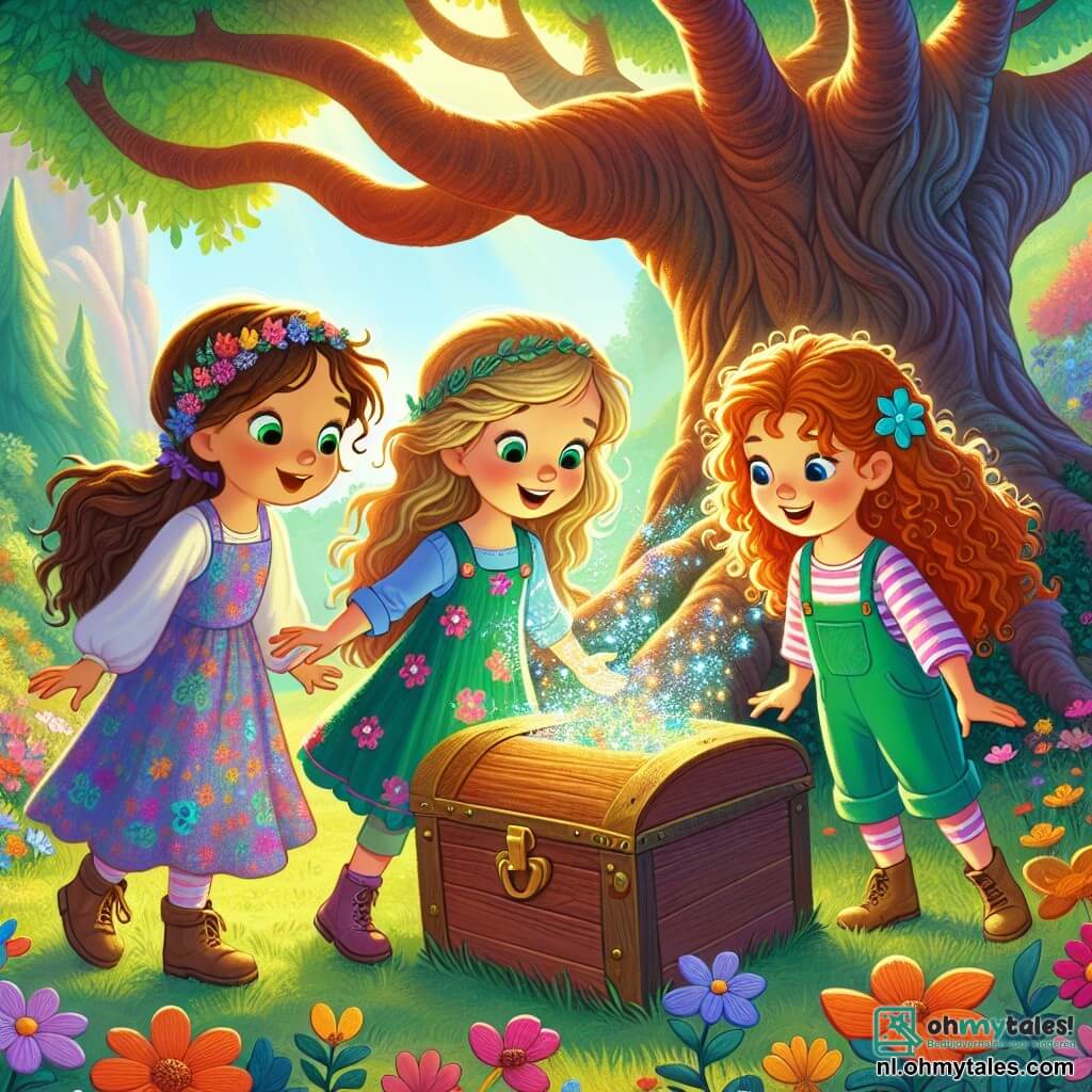 Drie kleine meisjes, Lila, Juna en Sara, zijn samengekomen onder een grote majestueuze boom. Lila, 8 jaar oud, heeft lang bruin haar en draagt een kleurrijke jurk met bloemenpatronen. Ze houdt een glanzende kaart in haar handen, met opgewonden ogen. Rechts van haar kijkt Juna, ook 8 jaar, met blonde vlechten en een blauwe t-shirt met een roze short, nieuwsgierig naar de kaart. Links staat Sara, 7 jaar, met krullend kastanjebruin haar en een groene overall. Ze glimlacht terwijl ze wijst naar een grote houten kist die voor hen ligt. De plek is een zonnige open plek, omringd door kleurrijke bloemen en groen gras. De grote boom heeft een dikke, knoestige stam en zonnestralen filteren door de takken, wat een magische sfeer creëert. De kleine avonturiers ontdekken een mysterieuze kaart die hen naar een grote schatkist onder de boom leidt. Ze zijn klaar om de kist te openen en de schatten erin te ontdekken, met gezichten vol opwinding en vriendschap.