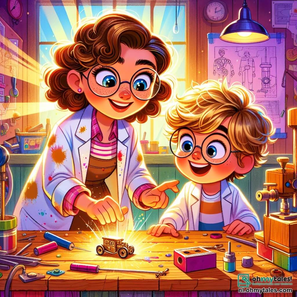 Emma, een uitvinder met krullend bruin haar, draagt een laboratoriumjas vol verfspatten. Ze heeft een nieuwsgierige glimlach en sprankelende ogen van opwinding terwijl ze gehurkt een glanzend voorwerp onder haar werktafel onderzoekt. Sam, een 8-jarig jongetje met wild blond haar en ronde bril, staat naast haar met grote ogen van verbazing en wijst naar het mysterieuze voorwerp. De scène speelt zich af in een kleurrijke en chaotische werkplaats, vol vreemde machines, uitvindingstekeningen aan de muren en verschillende gereedschappen verspreid over houten tafels. Zonnestralen filteren door een raam, verlichten het stof in de lucht en creëren een warme en inspirerende sfeer. De belangrijkste situatie toont Emma en Sam die samen een glinsterend voorwerp onder de tafel ontdekken, wat het begin van een nieuw uitvindavontuur symboliseert, met verwondering op hun gezichten.