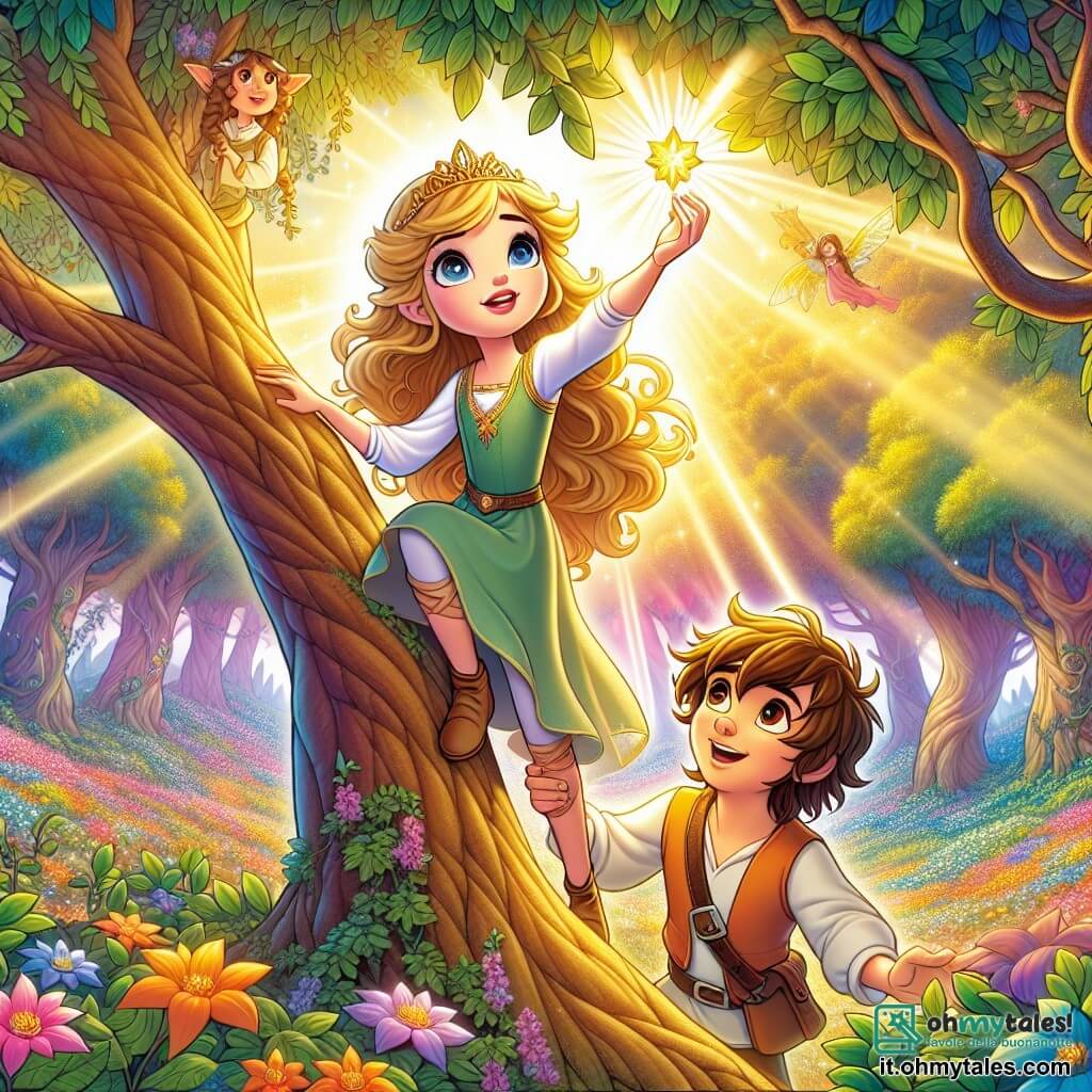 Una principessa di nome Aurora, di circa 12 anni, si trova sulla cima di un grande albero maestoso, i suoi lunghi capelli dorati che fluttuano nel vento. Ha occhi brillanti come stelle e un sorriso determinato sul volto, che esprime coraggio e meraviglia. Accanto a lei, il suo fedele amico Elio, un ragazzo di 13 anni con capelli castani disordinati e uno sguardo brillante di entusiasmo, scala con agilità, allungando la mano verso di lei per incoraggiarla. La scena si svolge nella foresta incantata di Eldoria, dove grandi alberi con tronchi spessi si ergono verso il cielo, le loro foglie scintillano di mille colori sotto la luce del sole. Fiori multicolori coprono il terreno, creando un tappeto di bellezza naturale, mentre un dolce raggio di luce filtra tra i rami. Aurora ed Elio stanno recuperando la Gemma del Sole, un brillante bagliore dorato, sospesa a un ramo alto, simbolo della loro missione per salvare il regno. L'atmosfera è magica e piena di avventura, con uccelli che cantano e una leggera brezza che fa danzare le foglie intorno a loro.