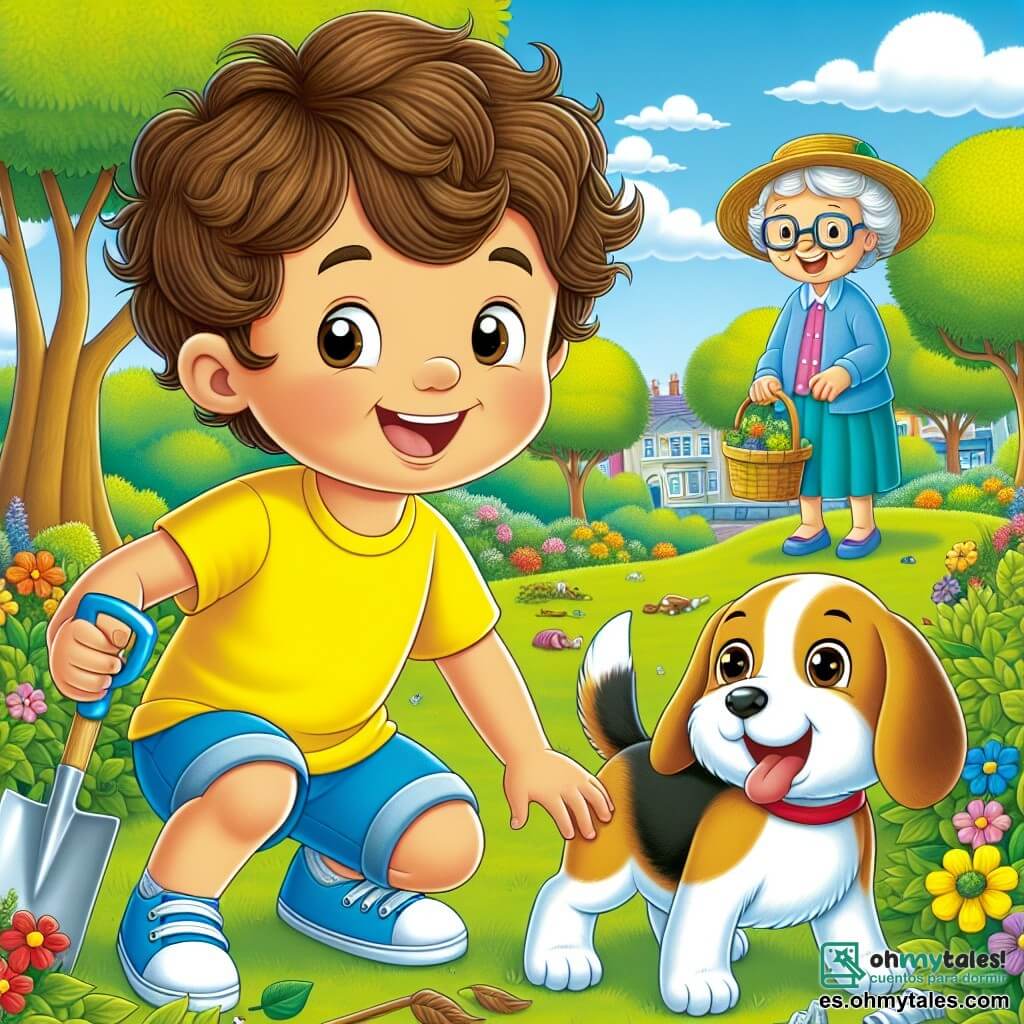 Un niño de 4 años, Leo, con cabello castaño y rizado, y una gran sonrisa alegre, está agachado recogiendo basura en un parque verde. Lleva una camiseta amarilla brillante y un pantalón corto azul, y su mirada es decidida y entusiasta. A su lado, un pequeño perro, Rocco, un adorable beagle con orejas grandes, ladra alegremente moviendo la cola, como si animara a Leo. Al fondo, una anciana con gafas y un sombrero de paja sonríe mientras los observa, sosteniendo una pequeña pala y un cubo de flores. El parque está lleno de majestuosos árboles con hojas verdes brillantes, flores coloridas y un cielo azul claro salpicado de nubes blancas. Leo y Rocco están limpiando el parque, haciéndolo más bonito y acogedor para la naturaleza.