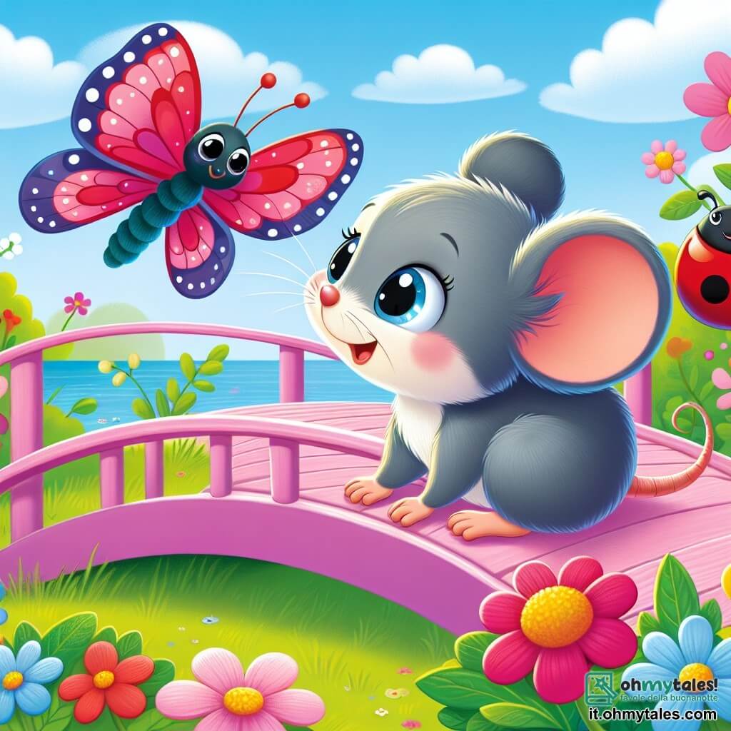 Una piccola topo di nome Lilla, con un morbido pelo grigio e occhi brillanti di curiosità, si trova su un ponte di petali rosa. Sorride con meraviglia, le sue piccole zampe sollevate come se fosse pronta a saltare. Accanto a lei, una farfalla blu dalle ali splendente vola gioiosamente, aggiungendo un tocco di magia alla scena. Una coccinella rossa, con puntini neri, si posa su una foglia verde, guardando Lilla con un'espressione amichevole. Il luogo è un campo soleggiato, pieno di fiori colorati e erba verde, sotto un cielo blu chiaro punteggiato di nuvole bianche e soffici. La scena principale mostra Lilla pronta a saltare gioiosamente sul ponte di petali, circondata dai suoi amici, pronta ad esplorare il mondo colorato che la circonda.