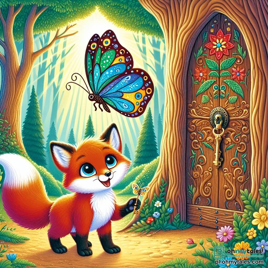 Mały lis o błyszczącej rudym futrze i dużych ciekawych oczach, z wyrazem zachwytu na twarzy, stoi przed starą drewnianą drzwiami ozdobionymi magicznymi wzorami w wielkim drzewie. Obok niego fruwa ładny motyl o kolorowych, niebiesko-żółtych skrzydłach, radosny i przyjazny, gotowy poprowadzić lisa w jego przygodzie. Tło to zaczarowany las z majestatycznymi drzewami, jaskrawymi kwiatami i promieniami słońca przefiltrowującymi przez liście, tworząc magiczną atmosferę. Główna scena pokazuje lisa trzymającego błyszczący klucz w łapach, gotowego otworzyć tajemnicze drzwi prowadzące do świata przygód.