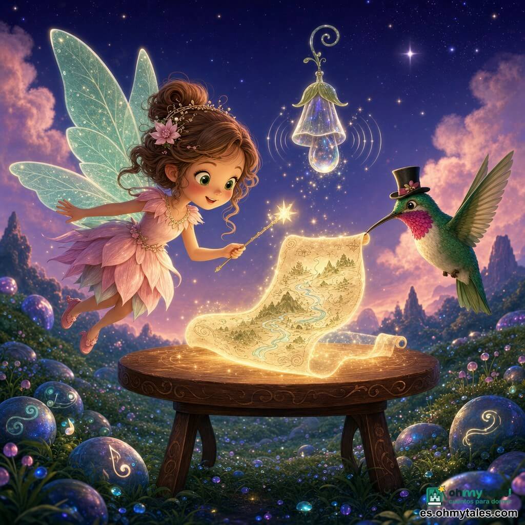 La hada principal es Luna, una niña hada de rostro redondo, ojos grandes y brillantes, expresión curiosa y alegre; alas finas en forma de hoja de menta translúcidas y vestido de pétalos rosa pálido; flota sobre una pequeña mesa de madera sosteniendo una varita que lanza chispas. A la derecha, un colibrí con pequeño sombrero de copa, plumaje verde esmeralda y garganta fucsia, muestra con el pico un pergamino luminoso que flota ante ellos. Una gota de rocío suspendida brilla y emite ondas sonoras dibujadas en curvas plateadas. El lugar es el Valle Brillibrillo de noche: hierba aterciopelada con gotas centelleantes, piedras redondeadas con superficies irisadas que parecen cantar, nubes bajas color vainilla rosada y estrellas difusas, luz suave y colorida de crepúsculo mágico. Situación: Luna descubre un mapa-pergamino que se ilumina y se dibuja solo con tinta de luz, acompañada por el colibrí; ambiente de misterio tierno y aventura naciente, composición centrada en la mesa con el pergamino luminoso.