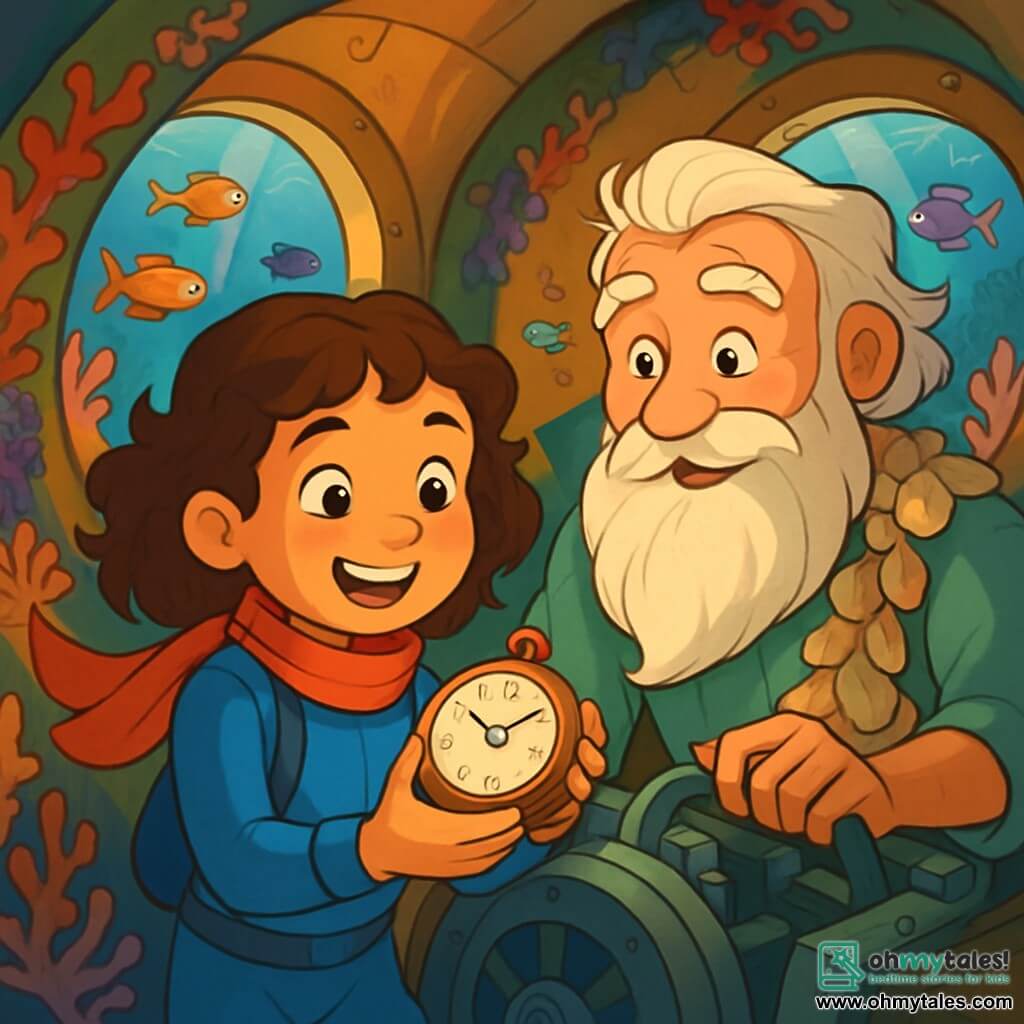 An 8-year-old girl, Mila, with curly brown hair and sparkling curious eyes, is wearing a blue wetsuit and a red scarf that floats around her. She smiles enthusiastically, holding a shiny old watch dial in her hands. Next to her is Tully, an elderly man with a long white beard and clothes made of shells, looking at Mila with pride, his eyes shining with admiration. They are both inside an old submarine, surrounded by walls covered in colorful coral and multicolored fish swimming outside the portholes. The main scene shows Mila and Tully working together to repair the submarine's engine, while beams of light filter through the water, illuminating the inside of the submarine with a magical glow.