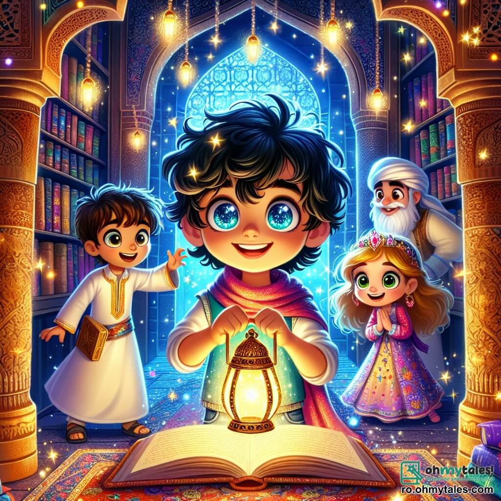 Amir, un tânăr cu ochi strălucitori ca stelele, cu părul negru și creț, stă în centrul scenei, cu fața iluminată de uimire și curiozitate. Ține în mână o lanternă strălucitoare, care îi luminează zâmbetul larg și vesel. Lângă el, Sami, un băiat jucăuș de aproximativ 10 ani, cu părul zburlit și un tricou colorat, privește cu entuziasm magia din jur. Prințesa Layla, o fetiță de aproximativ 12 ani, cu părul lung și auriu, îmbrăcată într-o rochie cu motive florale, stă puțin în spate, cu fața strălucind de recunoștință și fericire. Scena se desfășoară într-o bibliotecă fermecată, cu rafturi din lemn sculptat pline de cărți cu coperți strălucitoare. Lumini scintilante plutesc în aer, iar covoare persane colorate acoperă podeaua, creând o atmosferă magică și primitoare. În centrul acestei ilustrații, Amir, Sami și Layla descoperă împreună „Cartea cu pagini vii”, o carte mare cu coperte de catifea, ale cărei pagini prind viață și dansează în jurul lor, proiectând imagini colorate și povești fascinante.