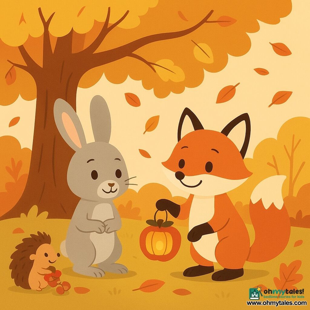 A gray rabbit with gentle eyes and long ears, named Bramble, stands under a large oak tree with golden leaves, wearing a shy smile. Next to him, a small fox with bright orange fur, named Rowan, looks at Bramble with sparkling eyes and a warm smile, holding an apple-shaped lantern. In the background, a hedgehog named Hazel, with brown spines and a cheerful demeanor, adjusts a ribbon around a pile of acorns. The scene takes place in a forest clearing bathed in the soft light of late afternoon, where red and orange leaves gently fall around the characters. The main situation shows Bramble and Rowan sharing a moment of companionship and discovery under the oak tree, surrounded by the soothing beauty of autumn.