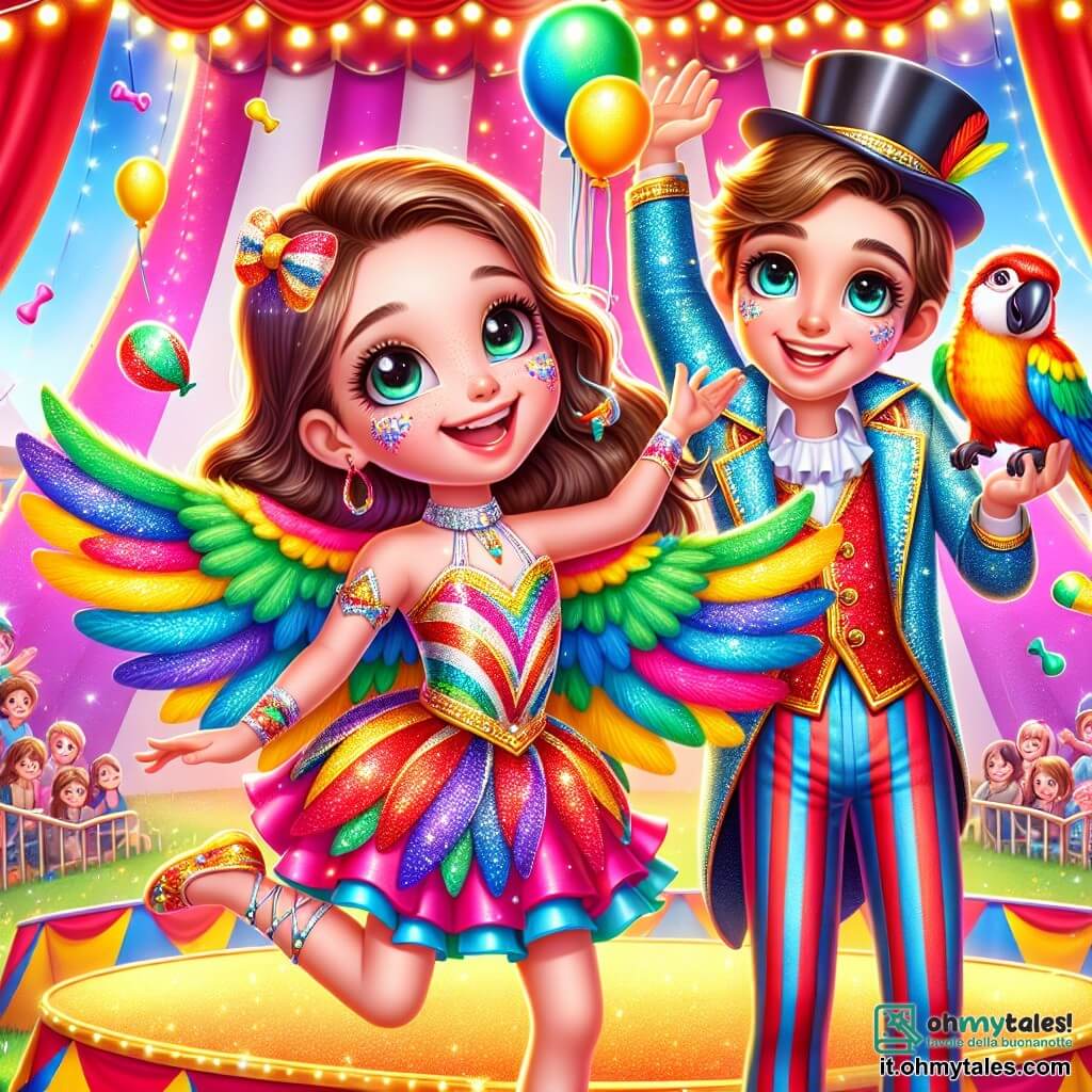 Una bambina di 8 anni, Sofia, con lunghi capelli castani e occhi brillanti di gioia, si trova al centro della scena, con un grande sorriso sul volto. Indossa un costume colorato e scintillante, decorato con paillettes, e tiene delicatamente un pappagallo colorato di nome Pipo sulla spalla, con le braccia aperte come se fosse pronta a volare. Accanto a lei, Marco, un giovane di circa 20 anni, con un cilindro e un grande sorriso, lancia palline in aria, mostrando il suo talento di addestratore di animali. Indossa una giacca brillante e pantaloni a righe, aggiungendo un tocco di magia alla scena. Lo sfondo è un grande tendone da circo, pieno di colori vivaci: strisce rosse e gialle sulla tela, luci scintillanti che illuminano la scena, e un pubblico entusiasta che applaude e ride. Palloncini fluttuano nell'aria e coriandoli cadono dolcemente. La situazione principale mostra Sofia, piena di entusiasmo, pronta a partecipare allo spettacolo, mentre Pipo vola graziosamente intorno a lei, creando un momento magico e gioioso nel cuore del circo.