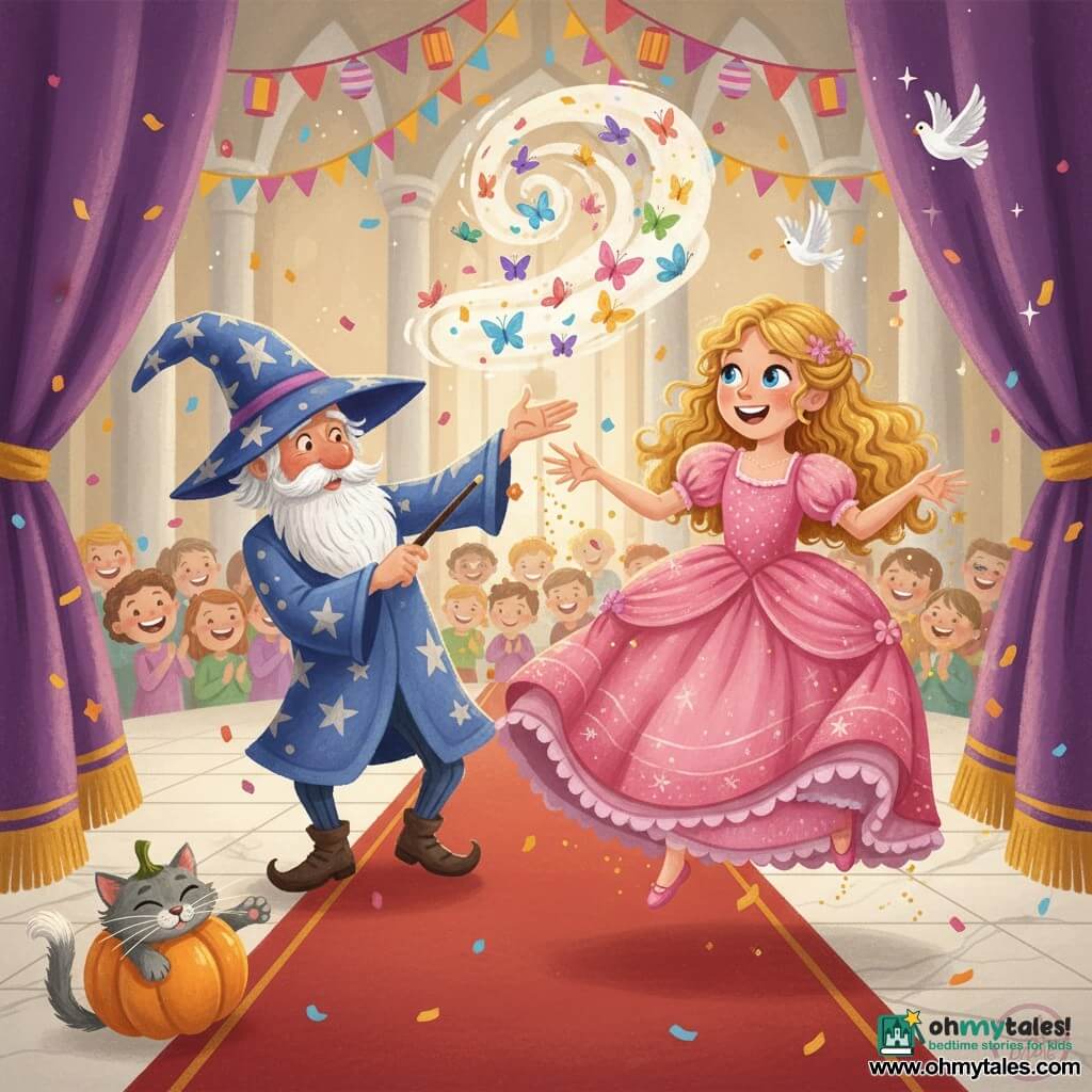 Princess Amelia is a joyful, wide-eyed girl with long golden curly hair and a sparkling pink ruffled dress; she hovers slightly above the stage scattering golden stardust with a big smile. The wizard Bartholomew, about 60, funny and a bit clumsy with a bushy white beard and an oversized starry hat, stands to her left waving his wand to conjure colorful butterflies and looks at her proudly. Whiskers the small fluffy gray cat, curious and mischievous, perches at the edge of the stage now a pumpkin with visible whiskers and one paw sticking out. The scene is a warm, magical show in the castle's great hall — pale marble floor, red carpet, purple curtains with gold fringe, lantern garlands and banners, a blurred audience applauding, confetti, white doves appearing, soft light, vivid gouache-like colors and a festive joyful atmosphere.