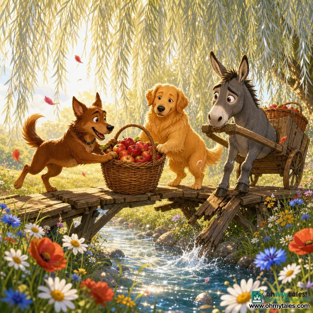 A young dog named Basil, medium-sized with shiny chestnut fur and lively hazel eyes, pushes a large wicker basket of red apples with a dynamic, joyful expression; Jasper, a golden retriever with a glossy coat and gentle smile, helps carry another basket beside him with a steady, knowing posture; Bartholomew, a gray donkey with tender eyes, holds the handle of a cracked wooden cart with his hooves on a broken plank of the narrow wooden bridge. The bridge spans a sparkling stream in a wildflower meadow (daisies, cornflowers, poppies) beneath draping silver branches of an old weeping willow in golden morning light. The scene is an animated moment of mutual aid centered on the bridge’s broken plank as the three animals work together to cross carrying baskets of apples, with water splashes, flying petals, and an optimistic warm atmosphere.