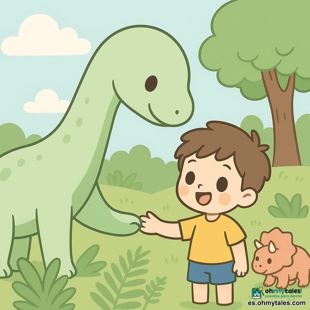 Niño de 6 años de ojos grandes y brillantes, pelo castaño despeinado y sonrisa maravillada, con camiseta amarilla y pantalón corto azul, extiende la mano hacia un gran brontosaurio verde pastel de cuello largo y ojos dulces que se inclina para rozar su mano con el hocico; un triceratops más pequeño color melocotón juega al fondo junto a un árbol en una clara prehistórica luminosa de hierba verde, helechos gigantes y troncos gruesos bajo un cielo azul con nubes; escena de encuentro tierno y mágico, segura y alegre, centrada en el contacto mano-hocico.