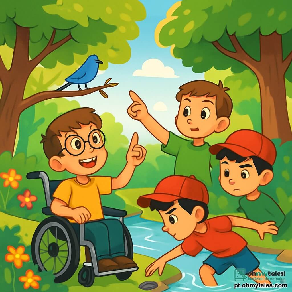 Há 4 crianças: - Miguel: um garoto de 10 anos, com cabelos castanhos e óculos. Ele está sentado em uma cadeira de rodas, sorrindo entusiasticamente e observando a natureza ao seu redor. - Lucas: um garoto de 10 anos, com cabelos loiros e olhos brilhantes. Ele está em pé ao lado de Miguel, apontando para uma linda saíra azul empoleirada em um galho. - João: um garoto de 10 anos, com cabelos pretos e um boné vermelho. Ele está ligeiramente à frente, lançando uma pedra plana no riacho, com uma expressão concentrada. - Pedro: um garoto de 10 anos, com cabelos castanhos e uma camiseta verde. Ele está atrás, observando atentamente a paisagem, com uma expressão curiosa no rosto. O local é à beira de um riacho cristalino, cercado por grandes árvores de folhas verdes brilhantes. Flores coloridas margeiam as margens, e o sol brilha através dos galhos, criando sombras dançantes no chão. A água brilha e peixinhos nadam alegremente sob a superfície. A situação principal da história mostra as crianças explorando a natureza, maravilhadas com a beleza de seu ambiente. Elas descobrem uma pequena fábrica abandonada que polui o riacho e se reúnem para discutir como podem ajudar a proteger seu precioso ecossistema.