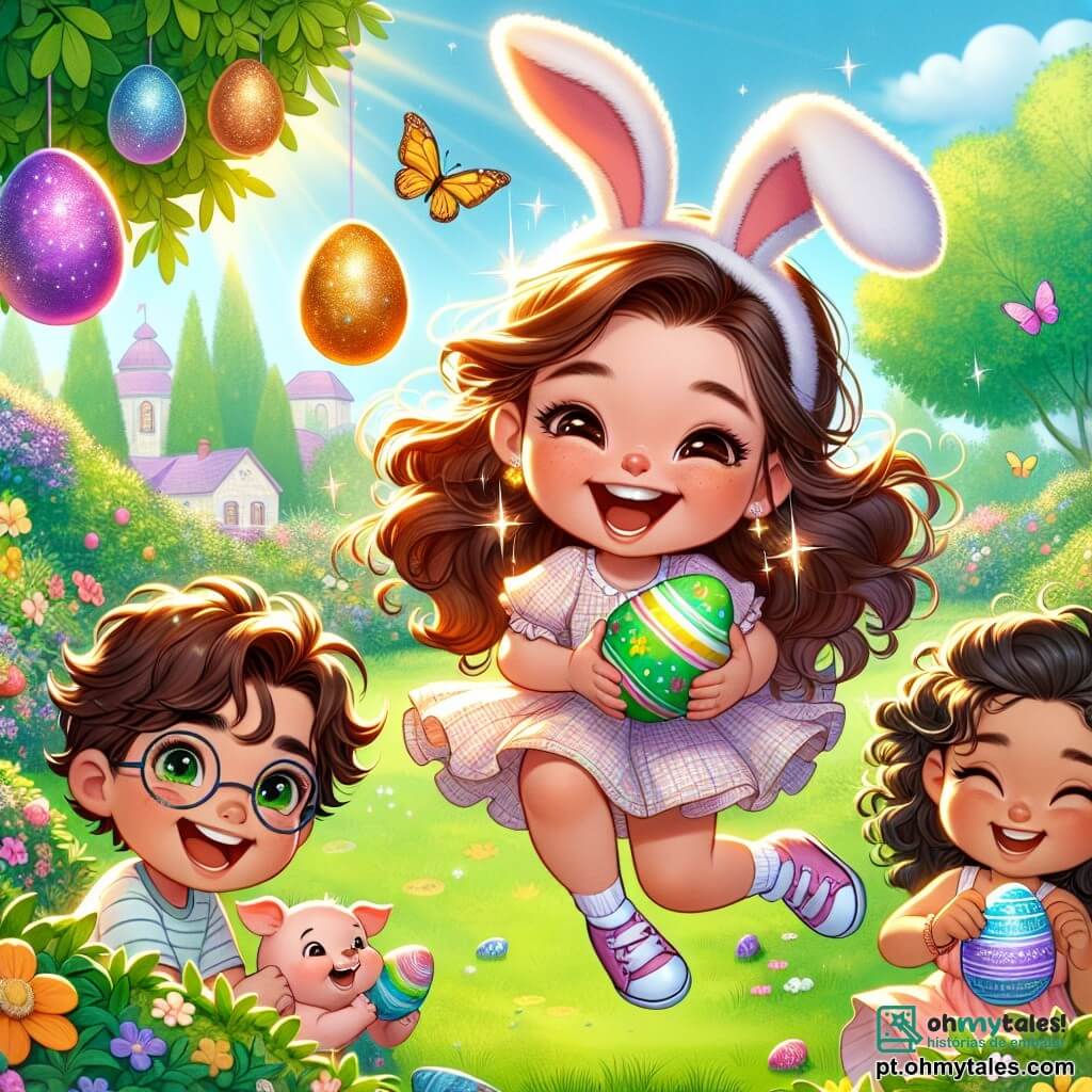 Uma menina de 10 anos, Clara, com longos cabelos castanhos e olhos brilhantes de alegria, usa um adorável chapéu de coelho com grandes orelhas balançando. Ela está pulando de alegria, segurando um ovo colorido nas mãos, com um grande sorriso no rosto, cheia de empolgação para a caça aos ovos. Ao lado dela, Miguel, um garoto de 9 anos com cabelos castanhos e óculos redondos, está agachado atrás de um arbusto, rindo enquanto segura um ovo de chocolate brilhante, parecendo um pouco travesso, como se tivesse descoberto um tesouro escondido. Luna, uma menina de 8 anos com cabelos cacheados e um porquinho de pelúcia debaixo do braço, está um pouco mais longe, levantando um ovo dourado acima da cabeça com olhos arregalados de admiração. A cena acontece em um jardim ensolarado, cheio de flores coloridas e árvores verdes, com ovos de Páscoa escondidos por toda parte, brilhando sob o sol. Borboletas voam ao redor, acrescentando um toque de magia à atmosfera alegre. A situação principal mostra Clara e seus amigos em plena caça aos ovos, correndo e rindo, cada um procurando ovos escondidos enquanto compartilham momentos de alegria e amizade.