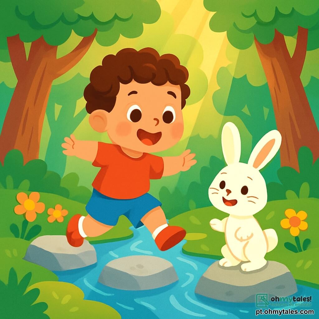 Um menino de 2 anos, Léo, com cabelos cacheados e olhos curiosos, pula alegremente sobre pedras à beira de um riacho cintilante. Ele veste uma camiseta vermelha e um short azul, e seu rosto expressa grande alegria e encantamento. Ao seu lado, um coelhinho de grandes orelhas e pelagem branca, que sorri e o incentiva a avançar, está em uma pedra, pronto para pular. O cenário é uma floresta encantada, com árvores de troncos grossos e folhas verdes brilhantes, iluminadas por raios de sol dourados que filtram através dos galhos. Flores coloridas espalham-se pelo chão, e um riacho de águas cristalinas serpenteia entre as pedras. Léo está prestes a pular de pedra em pedra, rindo alto, enquanto o coelhinho o encoraja a atravessar o riacho para descobrir o tesouro escondido da caverna mágica.