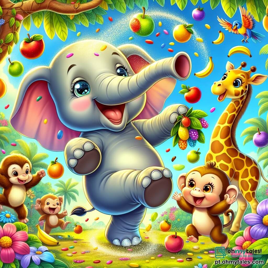 Um elefante feliz chamado Evaristo, com grandes orelhas e uma tromba curiosa, dança no meio de uma chuva de frutas coloridas, seu rosto radiante de felicidade. Ao seu lado, um pequeno macaco travesso chamado Tico, com pelagem marrom e olhos brilhantes, ri enquanto tenta pegar uma banana que cai do céu. Ao fundo, uma girafa chamada Gigi, com um longo pescoço e manchas douradas, pendura frutas em um galho de árvore, enquanto uma corvo colorido, empoleirada em um galho, canta alegremente. A cena acontece em uma selva exuberante, cheia de grandes folhas verdes, flores vibrantes e árvores majestosas, sob um céu azul ensolarado. A situação principal mostra os animais se divertindo juntos em uma festa improvisada, onde frutas caem como chuva, criando uma atmosfera de alegria e camaradagem.