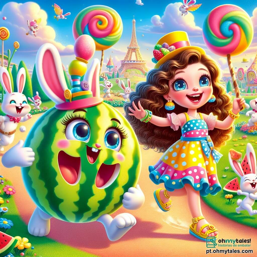 Uma menina de 8 anos, Lili, com longos cabelos cacheados e olhos brilhantes de alegria, ri alto enquanto segura um guarda-chuva colorido, Umbrolino, que dança alegremente ao seu lado. Lili usa um vestido de bolinhas multicoloridas e sandálias amarelas, cercada por coelhos de grandes orelhas que jogam futebol com uma melancia gigante, todos pulando de felicidade. O cenário é um parque mágico, cheio de árvores com troncos de doce e flores cantantes, sob um céu azul radiante com nuvens em forma de marshmallow. Ao longe, uma grande sorveteria com um letreiro luminoso chama a atenção, acrescentando um toque mágico ao ambiente. A cena principal mostra Lili e Umbrolino em uma aventura divertida, rindo juntos enquanto tentam pegar a melancia que rola rapidamente, criando uma imagem cheia de movimento e felicidade.