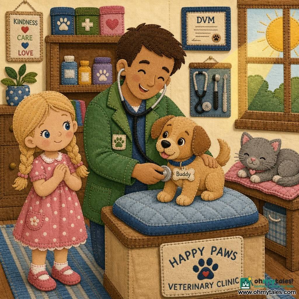 A tall, kind smiling veterinarian with short chestnut hair and a shiny green jacket gently examines a small light-brown puppy named Buddy with a round stethoscope while the girl Lily, about seven with blonde pigtails and a pink polka-dot dress, stands to his left with hands clasped, proud and amazed; a tiny gray kitten named Whiskers purrs on a soft table in the right corner of the warm cream-walled clinic with a wooden shelf of colorful boxes, a large window letting in a golden sunbeam, a blue striped rug and neatly stored tools, the puppy on a cushion wagging its tail, the scene soft, reassuring and rendered with visible stitched fabric textures and simple shapes.