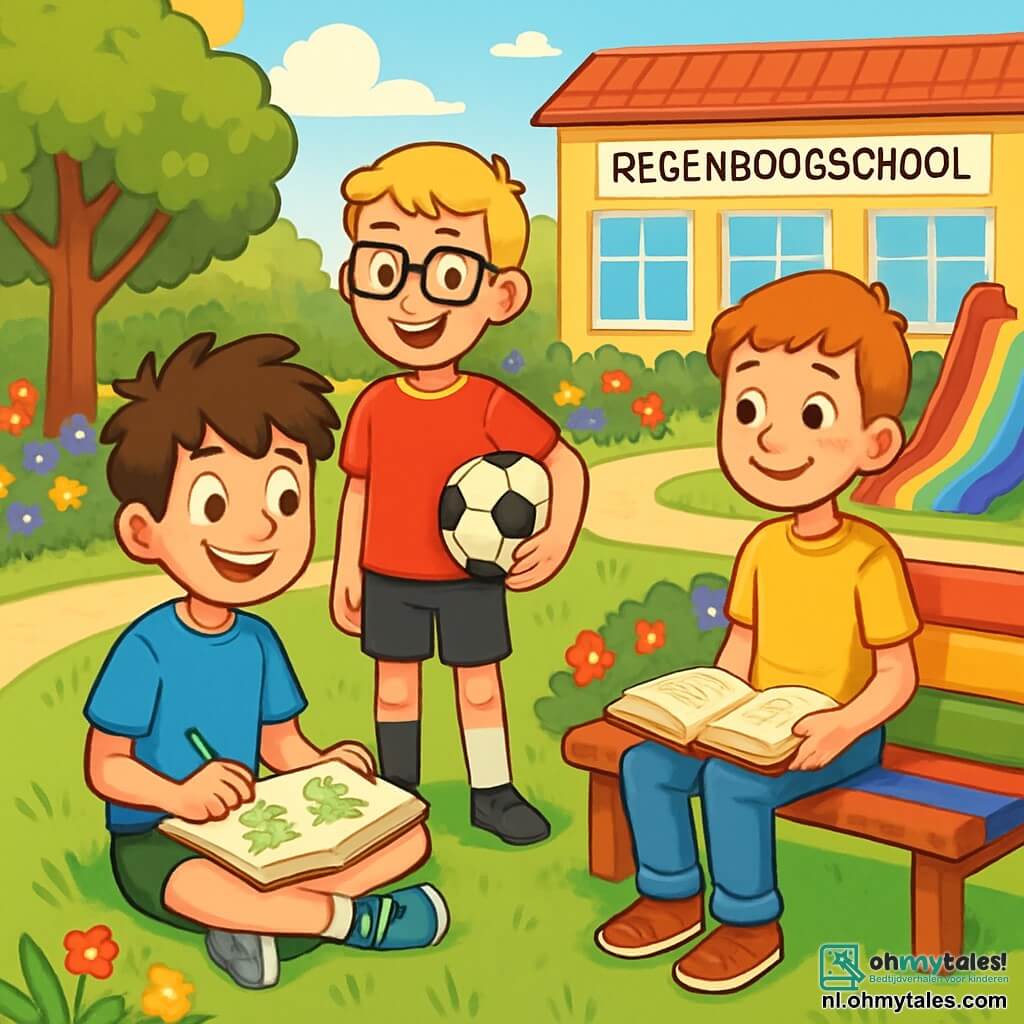 Er zijn 3 personages: Daan, een 11-jarig jongen met rommelig bruin haar en sprankelende ogen, zit op het gras met een schetsboek op zijn knieën en tekent kikkers. Max, ook 11 jaar, heeft kort blond haar en een bril, staat naast Daan met een rode voetbalshirt en een zwarte short, met een bal onder zijn arm, glimlachend en klaar om te spelen. Sem, een 10-jarig jongen met rood haar en sproeten, zit op een bank met een open boek op zijn knieën en kijkt Daan en Max aan met een bemoedigende glimlach. De scène speelt zich af op de speelplaats van de Regenboogschool, vol levendige kleuren met groene bomen, kleurrijke bloemen en verschillende houten banken. In het midden nodigt een groot groen grasveld de kinderen uit om te spelen, terwijl een regenboogglijbaan onder de zon schittert. De situatie toont Daan, Max en Sem die samen een vrolijke tijd doorbrengen, met Daan die kikkers tekent, Max die klaar is om te voetballen, en Sem die een boek leest, wat een sfeer van vriendschap en avontuur creëert. De lach en stemmen van de kinderen vullen de lucht, wat de geest van vriendschap en ontdekking van hun nieuwe school illustreert.