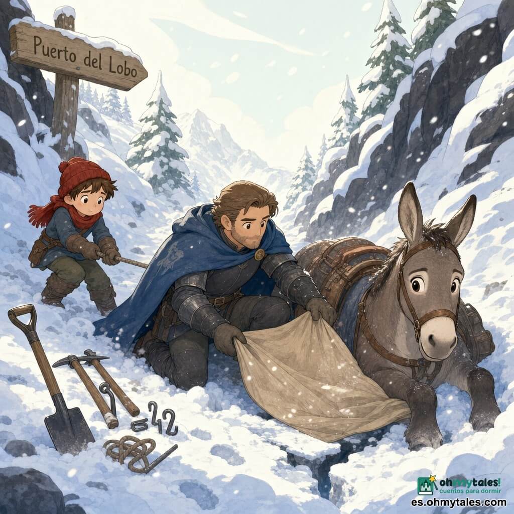Sir Aldán, caballero adulto de rostro cuadrado y amable, con armadura ligera oscura y capa azul, expresión decidida y tranquilizadora, arrodillado mientras desliza una gran lona beige bajo una mula atrapada en la nieve, sujetando con seguridad una cuerda anudada. Nico, niño de unos 12 años, pequeño y ágil, cabello castaño bajo un gorro rojo, preocupado pero concentrado, tira suavemente otra cuerda desde la izquierda junto al caballero. Bruma, mula de pelaje gris parduzco, ojos grandes y confiados, parte delantera aún en una cavidad de nieve polvo, orejas alerta y patas delanteras visibles. Lugar: un angosto puerto de montaña llamado Puerto del Lobo, abetos cubiertos de nieve, rocas negras sobresalientes, cielo pálido y viento levantando polvo blanco; suelo agrietado y una fisura bajo la mula. Situación: rescate calmado e ingenioso: los dos tiran lentamente de cuerdas sujetas a la lona para repartir el peso y sacar la mula de la trampa de nieve; herramientas (pala, piolets, ganchos de hierro) junto a ellos, huellas y la pequeña mula jadeando. Paleta: tonos suaves de azul, gris y blanco con toques cálidos (gorro rojo, capa azul), contornos simples y redondeados, atmósfera acogedora pese al frío.