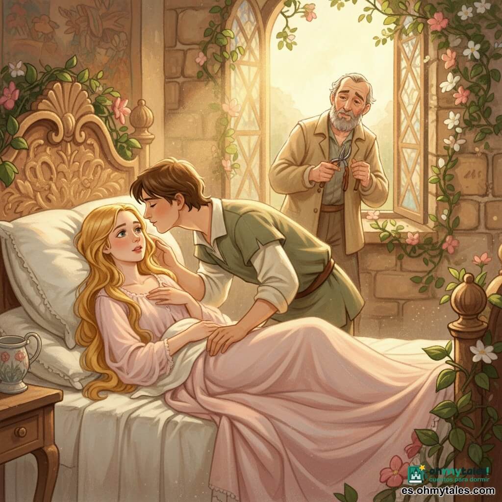 La Bella Durmiente es una adolescente recostada en una gran cama antigua, rostro sereno y algo sorprendido, piel clara, largo cabello dorado sobre la almohada, vestido rosa pálido arrugado y mano sobre el pecho; el joven héroe Mateo, unos 18 años, de expresión dulce y valiente, cabello castaño corto y ropa de viaje beige y verde, arrodillado junto a la cama acercando un beso en la frente con la mano izquierda extendida; el viejo jardinero, hombre de unos 60 años con barba canosa y chaqueta de lona, de pie cerca de una ventana entreabierta con un pequeño podón y mirada emocionada; enmarcan la escena una liana gruesa y zarzas verdes con flores silvestres rosas y blancas que invaden la cabecera, en una torre de castillo luminosa de muros de piedra y tapices desvaídos, rayos de sol dorado atravesando el polvo; momento del despertar por un beso compasivo que disipa la magia, atmósfera esperanzadora, colores suaves y contrastes cálidos, con texturas de gouache visibles: pinceladas, lavados y empastes leves.