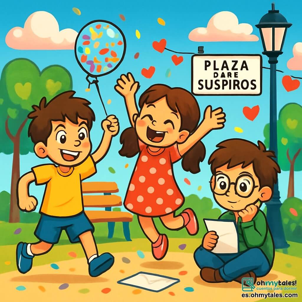 Hay 3 personajes: Nico, un niño de 10 años con cabello castaño alborotado y una gran sonrisa traviesa, lleva una camiseta amarilla brillante y un short azul, sosteniendo un globo de confeti en su mano derecha, listo para lanzarlo; Lucía, una niña de 9 años con cabello largo y ondulado recogido en dos coletas, viste un vestido rojo con lunares blancos y zapatos rosas, saltando de alegría con los brazos en alto junto a Nico; y Max, un niño de 10 años con gafas redondas y cabello castaño, lleva un suéter verde y jeans, sentado en el suelo sosteniendo una carta misteriosa, con aire pensativo, ligeramente detrás de Lucía y Nico. La escena se desarrolla en la Plaza de los Suspiros, un lugar mágico con árboles en forma de corazón, bancos de madera coloridos y nubes de caramelo flotando en el cielo azul, decorada con guirnaldas de corazones de papel y niños jugando, llenando el aire de risas. Los tres amigos descubren una carta misteriosa en el suelo, rodeados de confeti colorido, listos para convertirse en detectives y desvelar el secreto del admirador oculto.