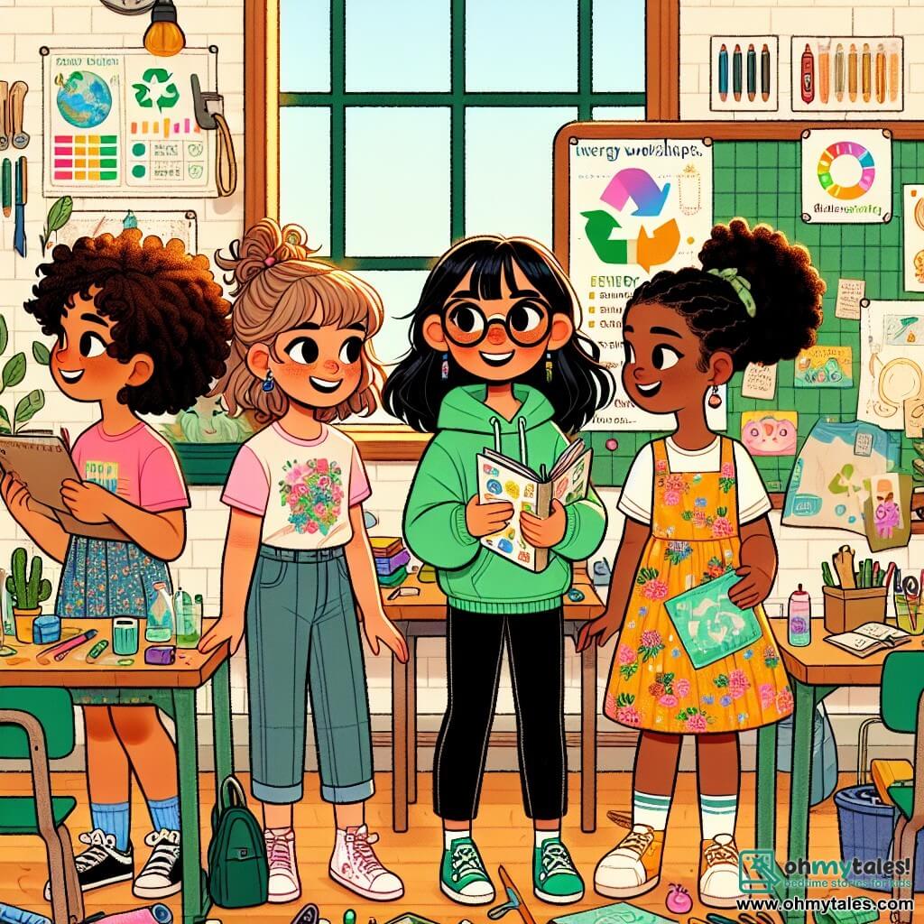 Four girls, about 10 years old, are standing in a colorful, lively classroom. Mia, with curly brown hair, is wearing a pink t-shirt and jeans, smiling joyfully while holding a colorful poster about recycling. Ella, with glasses and straight hair in a ponytail, is next to Mia, reading notes from a small notebook. She is wearing a light blue t-shirt and a floral skirt. Sophie, with wavy brown hair, is slightly back, holding a whiteboard with energy graphs. She is dressed in a green hoodie and black pants. Isla, with wavy blonde hair, is by the window, holding recycled materials for a creative workshop, wearing a yellow dress with floral patterns. The classroom is filled with colorful decorations, environmental posters on the walls, and potted plants by the windows. A large blackboard at the back displays children's drawings about nature. The girls are preparing their presentation for the "Green Week" project, discussing enthusiastically and sharing ideas, while classmates listen with interest. The atmosphere is joyful and dynamic, full of energy and enthusiasm for their initiative.