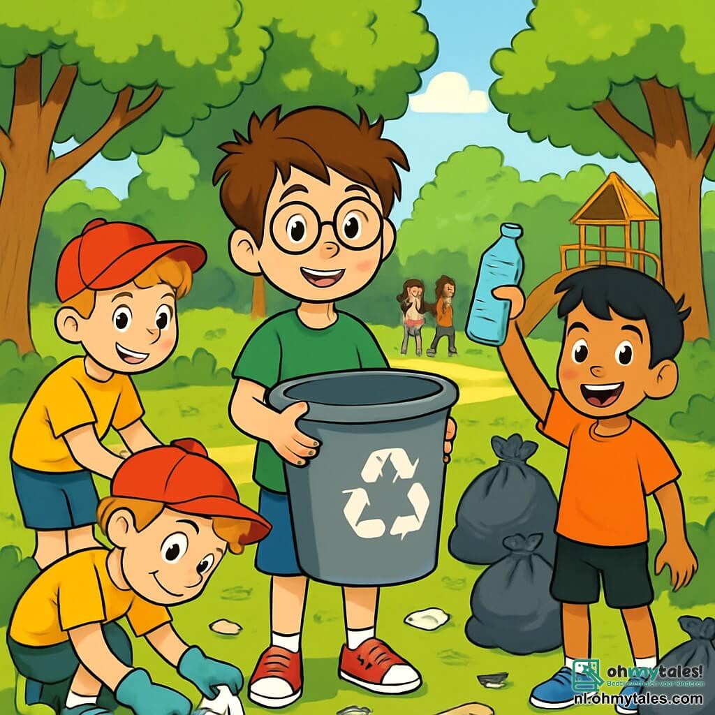 Er zijn 4 kinderen: - Tom: een 10-jarig meisje met rommelig bruin haar en een bril. Hij draagt een groene t-shirt en een blauwe short. Hij staat in het midden en houdt een grote vuilnisbak vast om afval te verzamelen. - Sam: een 10-jarig meisje met blond haar en sproeten. Hij draagt een rode pet en een gele t-shirt. Hij staat links en raapt afval op met een handschoen. - Daan: een 10-jarig meisje met zwart haar en een stralende glimlach. Hij draagt een oranje t-shirt en een zwarte short. Hij staat rechts en toont een plastic fles die hij heeft gevonden. - Joris: een 10-jarig meisje met kastanjebruin haar en een zonnebril. Hij draagt een lichtblauwe t-shirt en een cargobroek. Hij staat iets naar achteren en praat met een groep kinderen die zich bij hen voegen. De situatie speelt zich af in een weelderig park, vol majestueuze bomen met schitterende bladeren, kleurrijke bloemen die in de wind dansen, en een groot houten speelplein. De grond is bezaaid met verspreid afval, wat contrasteert met de natuurlijke schoonheid van het park. De hoofdscène toont de vier vrienden die het park aan het schoonmaken zijn, glimlachend en vastberaden, enthousiast afval oprapend. Er zijn al vuilniszakken om hen heen gevuld, en kinderen uit de gemeenschap beginnen zich bij hen te voegen om te helpen, wat een vrolijke en samenwerkende sfeer creëert.