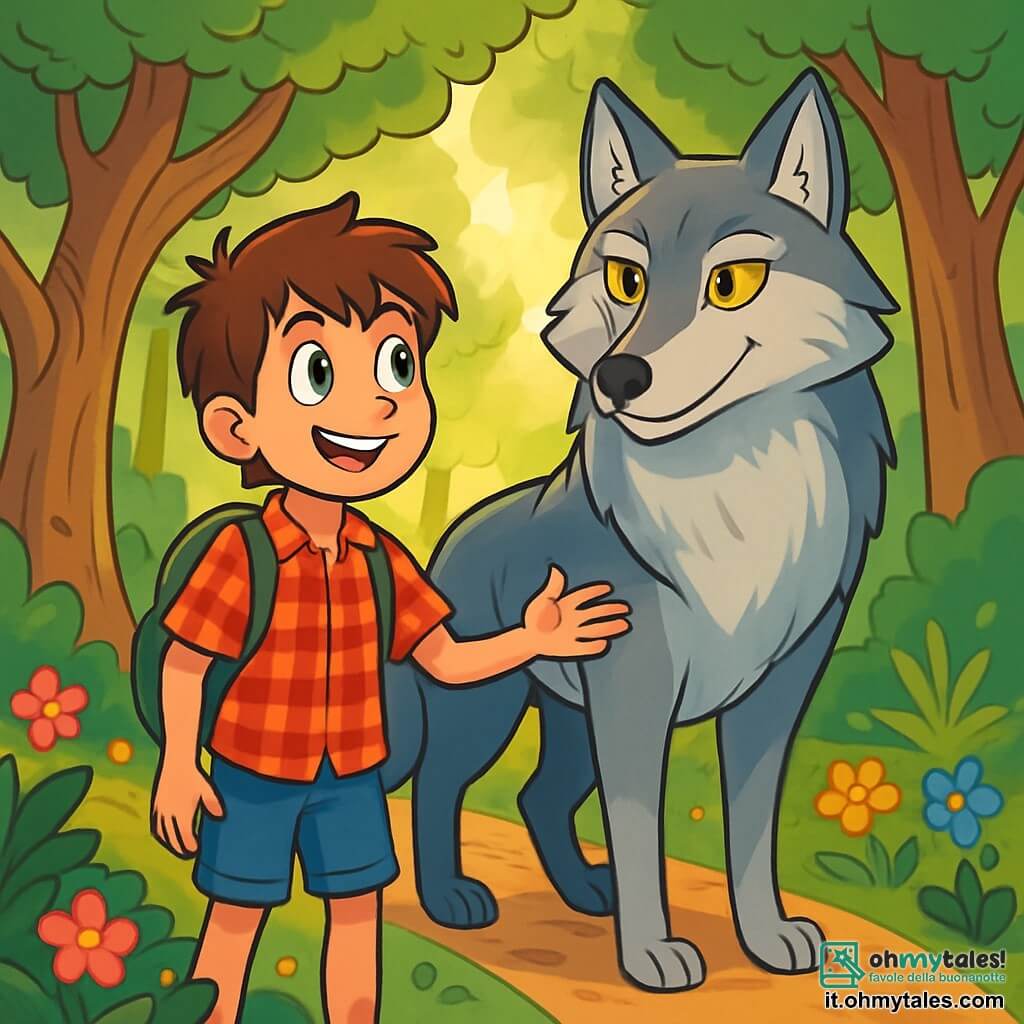 Un ragazzo di 12 anni, di nome Marco, si trova al centro della scena, con occhi brillanti di curiosità e un sorriso determinato. Ha i capelli castani disordinati, una camicia a quadri rossa e pantaloni corti di denim. Marco guarda con meraviglia un grande lupo maestoso al suo fianco, il cui pelo è di un grigio argentato, con occhi gialli scintillanti pieni di saggezza. Il lupo, imponente ed elegante, si tiene leggermente in disparte, osservando Marco con un'espressione benevola. La scena si svolge nel cuore di una foresta incantata, con alberi immensi e tronchi nodosi che si ergono verso il cielo, mentre fiori colorati punteggiano il terreno. Un dolce raggio di sole filtra tra i rami, illuminando il viso di Marco e il pelo del lupo. Marco e il lupo si trovano su un sentiero tortuoso, circondati dalla magia della natura. Marco, pieno di entusiasmo, tende la mano verso il lupo, pronto a condividere un'avventura indimenticabile in questo mondo misterioso.