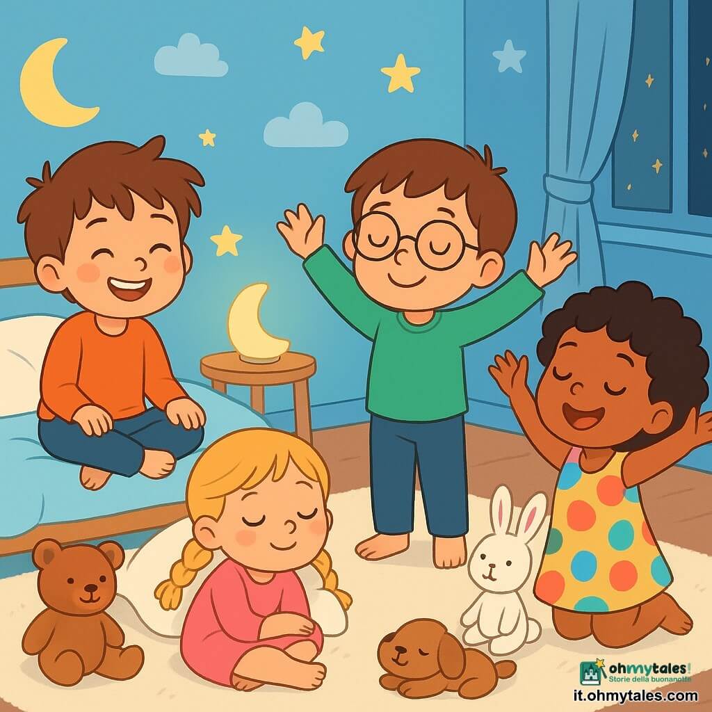 Ci sono 4 bambini: - Leo: un ragazzo di 5 anni, con capelli castani disordinati e occhi brillanti. È seduto sul letto, con le gambe incrociate e un grande sorriso. - Giulia: una ragazza di 4 anni, con capelli biondi intrecciati e guance rosa. È sdraiata di lato, con un cuscino morbido sotto la testa, gli occhi chiusi e un'espressione serena. - Tommaso: un ragazzo di 5 anni, con capelli castani e occhiali rotondi. È in piedi accanto a Leo, con le braccia alzate come un albero, con un'espressione gioiosa. - Mila: una ragazza di 4 anni, con capelli neri ricci e un vestito colorato. È accovacciata vicino a Giulia, con le braccia alzate, imitando un albero, con un grande sorriso. Il luogo è una camera accogliente, con le pareti dipinte di blu pastello, decorata con nuvole e stelle. Ci sono peluche sparsi sul tappeto morbido e una luce soffusa proviene da una piccola lampada a forma di luna. Le tende sono leggermente aperte, lasciando entrare una luce stellata. La situazione principale mostra i bambini che fanno esercizi di respirazione zen, seduti in cerchio sul tappeto. Inspiran profondamente, con gli occhi chiusi e sorrisi sereni, creando un'atmosfera calma e serena.