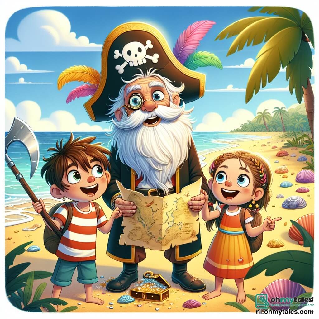 Hoofdpersonage Kapitein Karel is een oudere man met een lange witte baard en een piratenhoed versierd met kleurrijke veren. Hij heeft een warme glimlach en sprankelende ogen van opwinding, met een schatkaart in de ene hand en een ijsbijl in de andere, klaar om op avontuur te gaan. Naast hem staat Tim, een jongen van ongeveer 10 jaar met rommelig bruin haar en een gestreept t-shirt, die nieuwsgierig naar de kaart kijkt, en Lila, een 9-jarig meisje met gevlochten blond haar in een kleurrijke jurk, die enthousiast naar een grote palm wijst. De scène speelt zich af op een zonnig strand, met zachte golven die op de kust breken, palmbomen die zachtjes in de wind wiegen, en een klein groen eiland in de verte. Karel, Tim en Lila ontdekken een schatkaart, omringd door goudkleurig zand en schelpen, klaar om op zoek te gaan naar een spannend avontuur op het mysterieuze eiland.