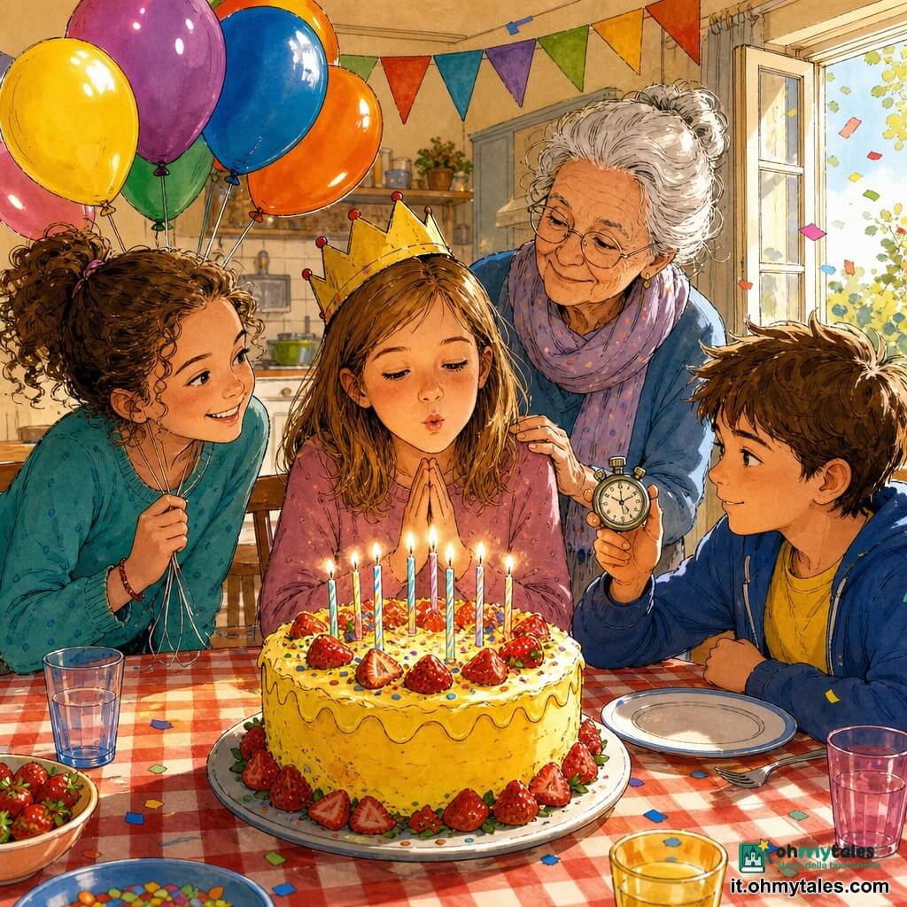 Una bambina di 10 anni, felice ed emozionata, capelli castano chiaro medi, corona di carta storta, soffia le candeline su una grande torta glassata gialla con fragole; a sinistra Giulia, ~10 anni, capelli ricci raccolti, sorride e tiene un mazzo di palloncini colorati; a destra Tommaso, ~10 anni, concentrato e rassicurante, mostra un piccolo cronometro metallico vicino a un piatto vuoto; dietro la nonna di ~70 anni, capelli grigi raccolti, sciarpa morbida, mano sulla spalla della bambina, sguardo tenero; ambiente soggiorno-cucina caldo con pareti crema, festoni di carta, palloncini, tovaglia a quadri rossi e bianchi, luce soffusa da una finestra socchiusa che muove qualche coriandolo; scena del soffio delle candeline, volti illuminati dalla fiamma, gesti d'amicizia, stile disegno a inchiostro con colori vivaci e tratti espressivi.