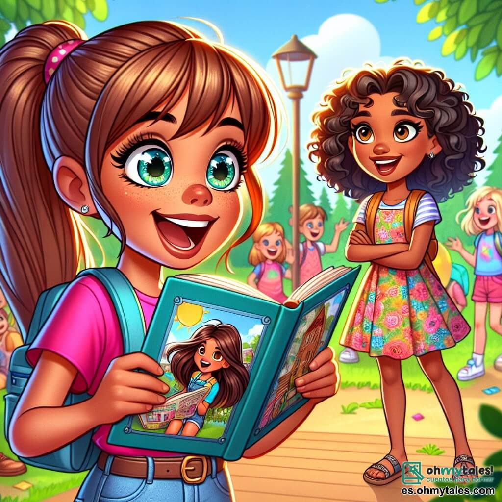 Una niña de 12 años, Lucía, con cabello castaño en una coleta, ojos llenos de curiosidad y una sonrisa radiante, está en el centro de la imagen, sosteniendo un libro de aventuras. Lleva una camiseta colorida y un short de mezclilla, y su expresión muestra una palpable emoción, como si hubiera descubierto un tesoro. A su lado, su mejor amiga Vera, también de 12 años, con cabello rizado y flequillo, sonríe ampliamente, con los brazos cruzados, llena de energía. Lleva un vestido de flores y sandalias, lista para la aventura. El escenario es un patio escolar soleado, con árboles verdes de fondo, juegos coloridos y niños riendo y divirtiéndose a su alrededor. La situación principal muestra a Lucía y Vera, rodeadas de sus compañeros, resolviendo un enigma para una búsqueda del tesoro. Lucía, con una mirada decidida, lee la primera pista en voz alta, mientras los demás niños se acercan con expresiones de entusiasmo y curiosidad.