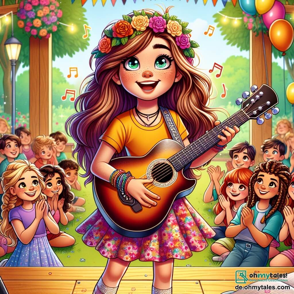 Ein 10-jähriges Mädchen mit langen braunen Haaren und funkelnden Augen steht auf einer Holzbühne und hält eine glänzende Gitarre. Sie trägt ein leuchtend gelbes T-Shirt und einen Blumenrock, ihr Gesicht strahlt vor Aufregung und Stolz. Neben ihr applaudiert ihre beste Freundin Mia, ebenfalls 10 Jahre alt, mit geflochtenen blonden Haaren und einem ermutigenden Lächeln, die Augen leuchtend vor Bewunderung. Im Hintergrund sitzen Klassenkameraden im Alter von 9 bis 11 Jahren auf Bänken, lächeln und sind von der Darbietung gefesselt. Der Ort ist ein sonniger Schulgarten, gefüllt mit bunten Blumen und schwebenden Ballons, mit dekorativen Girlanden, die an den Bäumen hängen. Die Hauptsituation zeigt das Mädchen, das Gitarre spielt, während die Musiknoten um sie herum schweben und das Publikum freudig applaudiert, was eine festliche und herzliche Atmosphäre schafft.