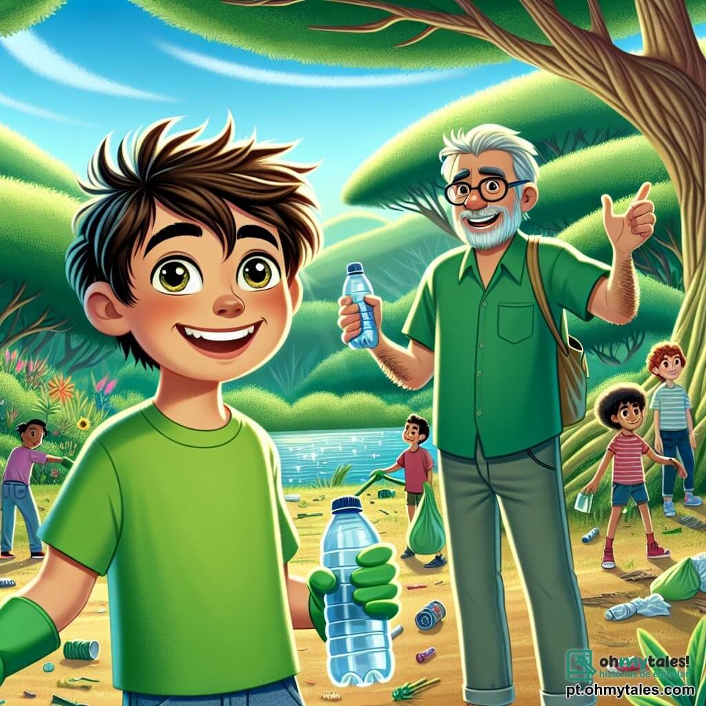 Um garoto de 10 anos, Miguel, com cabelo castanho bagunçado e olhos cheios de curiosidade, está em pé em uma floresta verdejante. Ele usa uma camiseta verde vibrante e um short de jeans, sorrindo entusiasticamente enquanto segura uma garrafa reutilizável em uma mão e uma luva de jardinagem na outra, pronto para limpar a natureza. Ao seu lado, Carlos, um homem de cerca de 50 anos, com barba grisalha e óculos, explica com paixão a importância da conservação, enquanto aponta para uma grande árvore majestosa. Ao fundo, crianças de várias idades, algumas usando luvas e outras segurando sacos de lixo, estão ocupadas recolhendo resíduos espalhados pelo chão. O local é uma reserva natural exuberante, com árvores imponentes, flores coloridas e um pequeno lago brilhando sob o sol. A cena transmite uma sensação de camaradagem e compromisso, ilustrando o esforço coletivo para proteger o meio ambiente.