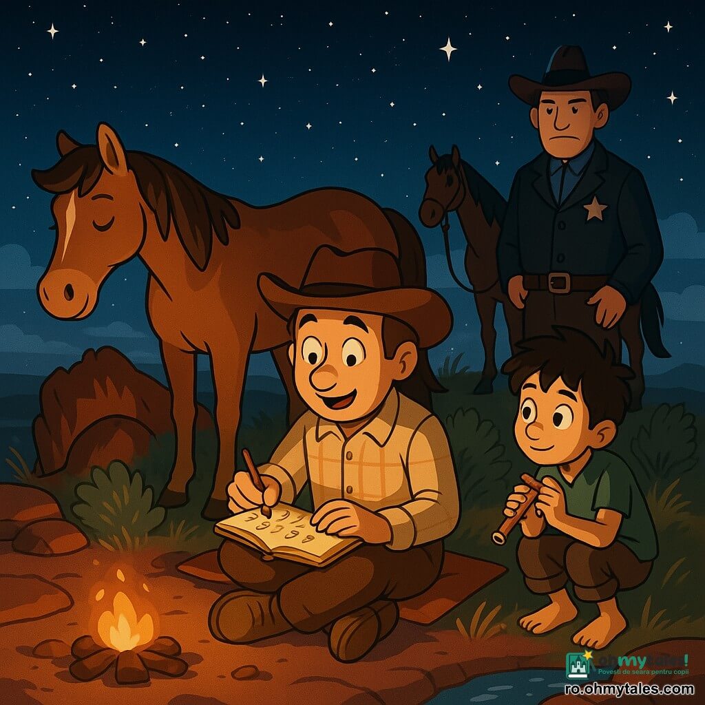 Bărbat adult, Matei, chip rotund și zâmbitor, ochi căprui strălucitori, poartă o cămașă din flanelă bej, pălărie de cowboy brună și cizme prăfuite, stă pe o pătură mică scriind cifre într-un caiet gălbui pe genunchi; iapa Scânteie, părul castaniu lucios și coama ondulată, stă lângă el la stânga, calmă și mirosind iarba; un băiat păstor de aproximativ 10 ani, păr în dezordine și pantaloni suflecați, e mai departe la dreapta, ghemuit lângă un tufiș cu o mică fluieră și privește curios; un șerif adult, cu față serioasă dar binevoitoare, vestă închisă și stea de argint la piept, se află în fundal lângă un cal legat și privește mândru; loc: vârful Stânca-Înaltă, stânci roșii, tufe de salvie, iarbă scurtă bătută de vânt și un pârâu strălucitor jos; cer nocturn limpede, albastru-negru presărat cu stele; Matei numără stelele la lumina jarului călduț al focului stins, caietul deschis cu cifre scrise de mână, atmosferă blândă și respectuoasă față de natură; compoziție centrată pe trio-ul oameni+cal, iluminare contrastantă de la stele și un ușor halou lunar; stil vizual: culori saturate, contururi clare în cel-shading, texturi moi pentru haine și coamă, expresii exagerate și calde, atmosferă pașnică și magică.