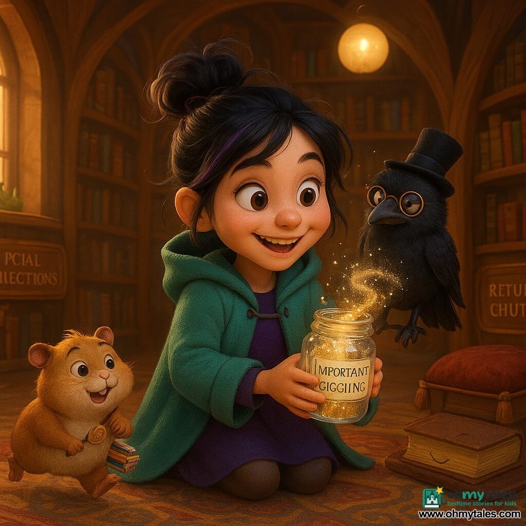 A mischievous young witch with a messy black bun and colored strands, wearing a short purple dress and mint hooded coat, kneels holding a small glass jar labeled IMPORTANT GIGGLING that sparkles with a silver ribbon of light as she offers it to a swirl of laughing glitter; to her right, her familiar Pebble, a fluffy crow with round glasses and a crooked tiny top hat, perches on her shoulder looking annoyed but amused, and to her left Sprocket, a small round boy-hamster with a librarian badge, stumbles along excitedly with a tiny pile of bookmarks; the warm, living media library has curved wooden shelves like trees, softly blinking globe lamps, map-patterned rugs, a whimsical chair, a high window letting golden light in, copper signs reading SPECIAL COLLECTIONS and RETURN CHUTE, and the scene shows musical notes suspended, a smiling thick book on a velvet cushion and floating magic bubbles, in a joyful, saturated, soft-textured, warm-lit style like a 3D animated film.