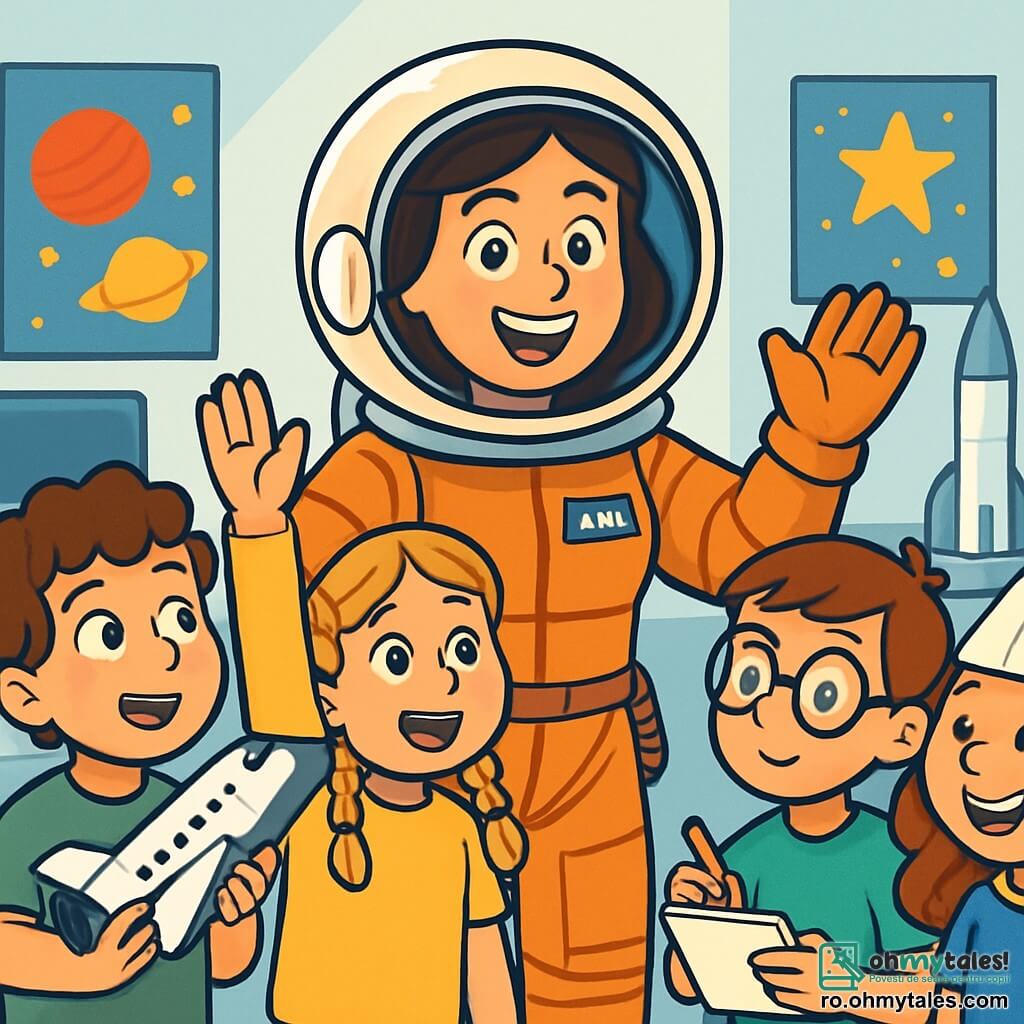 O astronaută pe nume Ana stă în centrul scenei, radiantă și plină de entuziasm. Ea poartă un costum spațial portocaliu strălucitor, cu o cască rotundă și mănuși albe. Fața ei este iluminată de un zâmbet larg, iar ochii ei strălucesc de curiozitate și emoție. Lângă ea, un grup de patru copii, doi băieți și două fete, cu vârste de aproximativ 8-10 ani, o înconjoară. Primul băiat, cu părul brun și creț, se uită cu admirație, ținând un model de navetă spațială din plastic. A doua fată, cu împletituri blonde, își ridică mâna punând o întrebare, fața ei exprimând o mare curiozitate. Al treilea băiat, cu ochelari rotunzi, ia notițe pe un caiet, în timp ce a patra fată, cu o pălărie de cosmonaut din hârtie, zâmbește vesel. Scena se desfășoară într-o sală de pregătire a Centrului Spațial, cu pereți albi și afișe colorate cu planete și stele. Calculatoare și machete de rachete sunt vizibile în fundal, creând o atmosferă dinamică și inspiratoare. Ana explică cu pasiune pregătirile pentru misiunea ei pe Marte, în timp ce copiii, captivați, participă la exerciții distractive, sărind pe mini-trambuline și construind modele de navete. Atmosfera este veselă și plină de energie, ilustrând entuziasmul explorării spațiale.