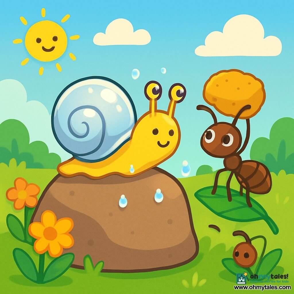 A little snail named Nilo, with a round and smooth shell, shines in the sun like a small silver moon. He has sparkling eyes full of curiosity and a gentle smile on his face as he slowly climbs a large flat rock surrounded by colorful flowers. Nearby, a sturdy ant, carrying a crumb as big as itself, stands on a green leaf, looking at Nilo with admiration and encouragement. It has twitching antennas and a determined look, ready to help. The landscape is a sunny meadow dotted with brightly colored wildflowers, under a clear blue sky with a few fluffy clouds floating gently. Nilo tries to climb the rock, slipping sometimes but determined to reach the top, with sparkling dewdrops around him, creating a magical and peaceful atmosphere.