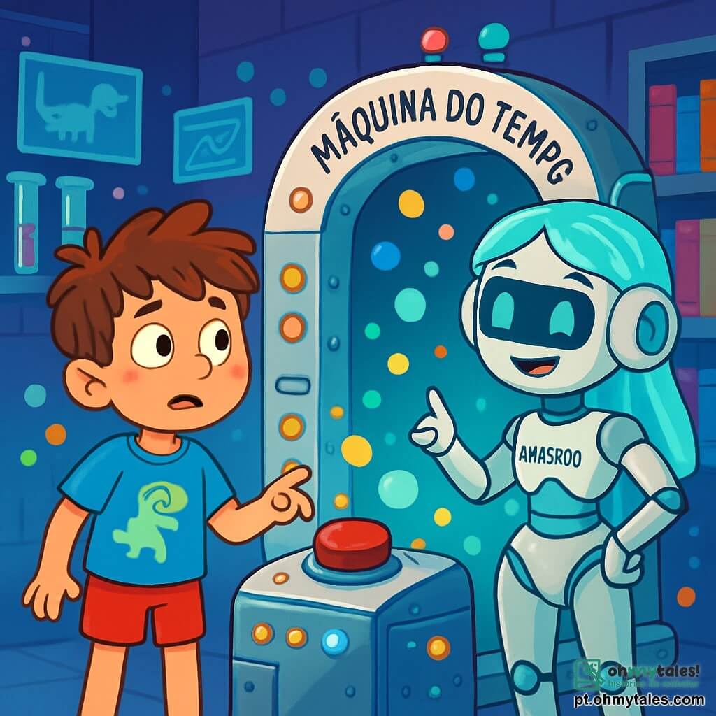 Um garoto de 8 anos, com cabelos castanhos bagunçados e olhos brilhando de curiosidade, está diante de uma grande máquina do tempo de metal brilhante. Ele veste uma camiseta azul com um desenho de dinossauro e um short vermelho, seu rosto expressa uma mistura de excitação e leve apreensão. Ao seu lado, uma garota-robô chamada Mia3000, com cerca de 9 anos, tem uma aparência futurista com cabelos luminosos e olhos em forma de telas, sorrindo calorosamente enquanto lhe mostra a máquina. O cenário é um laboratório repleto de invenções estranhas: tubos de ensaio coloridos, telas holográficas flutuantes e prateleiras carregadas de livros com capas cintilantes. A máquina do tempo, no centro da cena, é adornada com botões vermelhos e luzes piscantes, criando uma atmosfera mágica e intrigante. O garoto hesita, pronto para pressionar o grande botão vermelho da máquina, enquanto bolhas coloridas começam a escapar dela, envolvendo os dois personagens em uma atmosfera de aventura iminente.