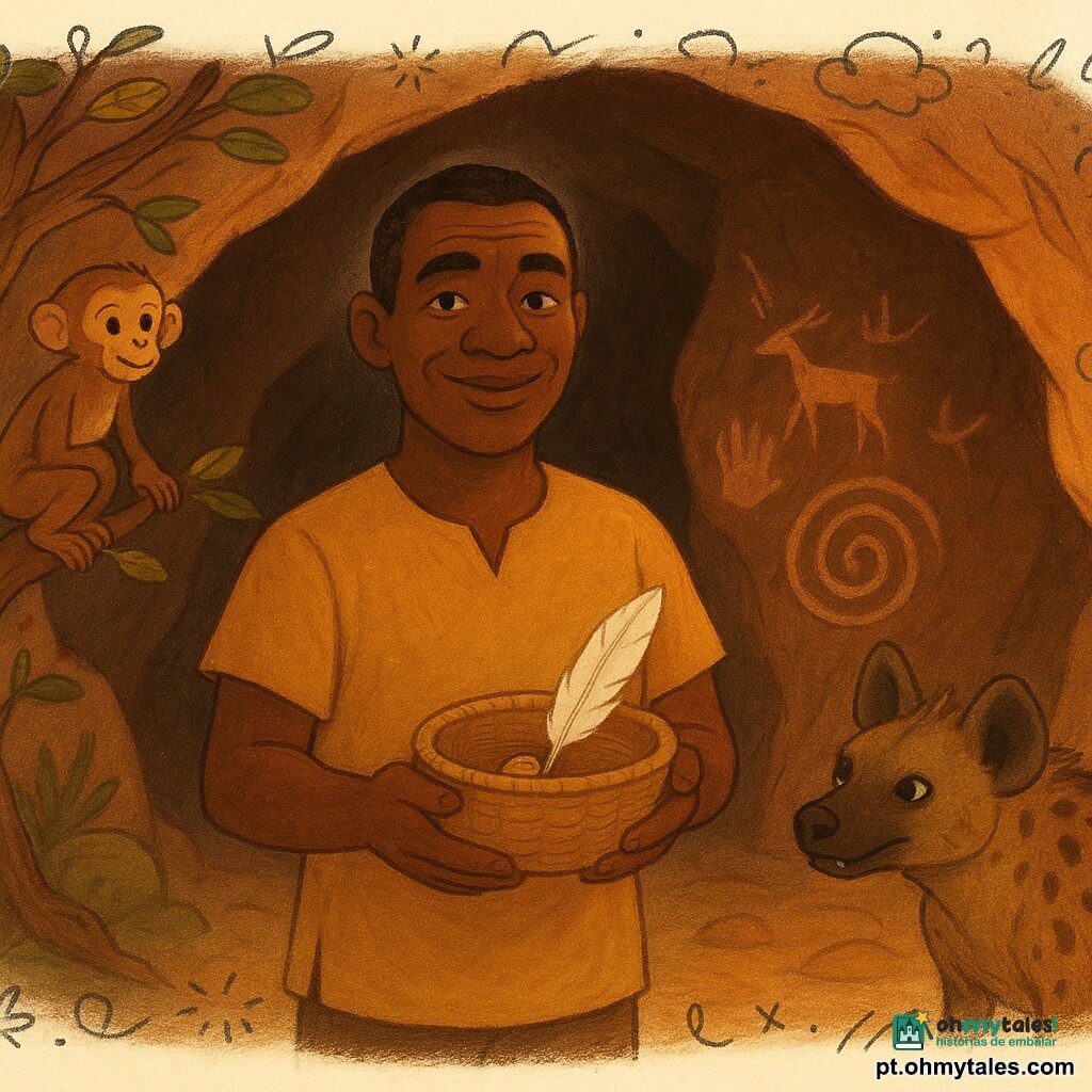 Um homem adulto (Kofi), rosto marcado, pele bronzeada, olhos vivos e sobrancelhas espessas, sorri sereno e orgulhoso segurando um pequeno cesto de fibras trançadas com um único grão e uma pena branca; está de pé na entrada de uma caverna escura, peito ereto. Uma hiena magra e expressiva fica logo atrás à sua direita, focinho voltado para o cesto, olhos curiosos, dentes discretos, pelagem malhada em tons castanhos e pretos, em posição agachada pronta para farejar. Um macaco jovem e travesso está empoleirado em um galho baixo à esquerda, dedos presos à casca, olhar divertido observando a cena de cima. A caverna abre-se em grandes paredes rugosas de pedra vermelho‑castanha com pinturas rupestres estilizadas (antílopes, mãos) e ao centro um grande símbolo em espiral gravado cuja cauda termina num pequeno traço apontando para fora. Atmosfera crepuscular com luz quente de fim de tarde vindo do fundo direito, sombras longas, contrastes suaves; texturas visíveis: pedra rugosa, fibras do cesto, pelos da hiena, casca da árvore. Composição clara: Kofi ao centro perto da entrada, caverna ao fundo, hiena à direita em primeiro plano, macaco à esquerda em altura; paleta quente (ocres, castanhos, verdes escuros) com pontos de luz no grão e na pena.