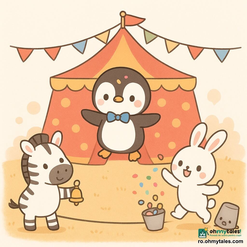 Pufi, un pinguin de pluș, stă în centru pe o sfoară joasă, cu un zâmbet timid și un confetti pe frunte, poartă papion albastru și aripile întinse pentru echilibru; Bibi, o zebră prietenă cu dungi clare, e la marginea sforii cu un clopoțel, zâmbitoare și încurajatoare; un iepuraș mic și pufos ține o cutie de confetti care scapă, cu o expresie jucăușă; un pui de focă stă puțin în spate cu o găleată pe cap, râzând și privind spre Pufi; cortul de circ e mare, roșu cu buline galbene, podea din rumeguș auriu, lanterne rotunde care luminează cald și steaguri colorate; situația: repetiție/număr pe sfoară joasă cu Pufi concentrat, confetti plutind, atmosferă veselă, caldă și plină de culoare; stil: forme simple, contururi moi, culori pastel vii, expresie kawaii, compoziție centrată și clară pentru copii de 4 ani.