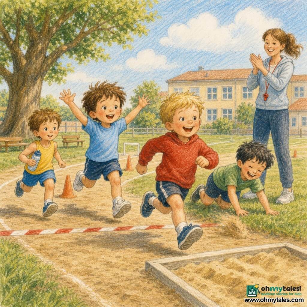 Four 5-year-old boys run across the finish line together on a sunny schoolyard track marked by orange cones, small white hurdles and a light-sand long jump pit: Sam, tousled brown hair in a light blue tee and white sneakers, just behind the line, out of breath but smiling with arms up; Leo, short blond hair in a red sweatshirt, slightly ahead with a confident joyful stride; Ben, black hair in a green tee to Sam’s right, stumbling but laughing with a knee grazing the grass; Max, chestnut hair in a yellow tank, running with small steps on the left holding a water bottle; soft green grass at the track edge, a large oak and cream school building in the background, pale blue sky with fluffy clouds, light sand dust near the pit, gentle shadows, and Miss Anna with her hair up applauding in the background with a red whistle around her neck.