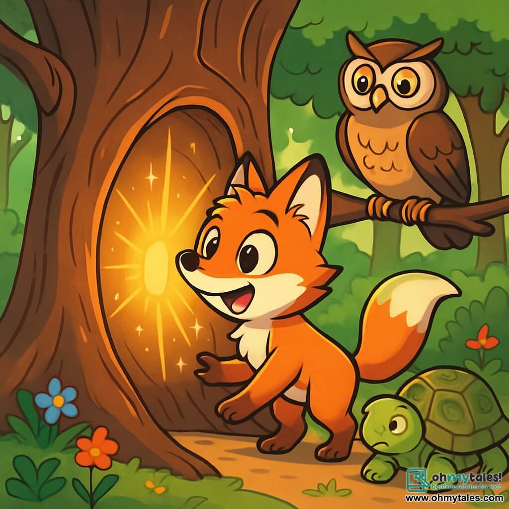 A young fox with bright red fur and curious sparkling eyes stands in front of an ancient tree, its expression a mix of wonder and excitement. It explores a glowing hollow in the trunk, where beams of light dance around it. Nearby, a wise owl with brown feathers and round eyes watches attentively, displaying a kind and intrigued expression, perched on a low branch. A old turtle with a shell adorned with delicate patterns, calm and thoughtful, stands slightly back on the ground, listening to the conversation with interest. The setting is an enchanted forest, bathed in golden light, with majestic trees featuring vibrant green leaves and colorful flowers scattered on the ground. The main scene shows the fox discovering the mysterious passage in the tree, ready to embark on a time-travel adventure, while its friends encourage it to explore this fascinating world.