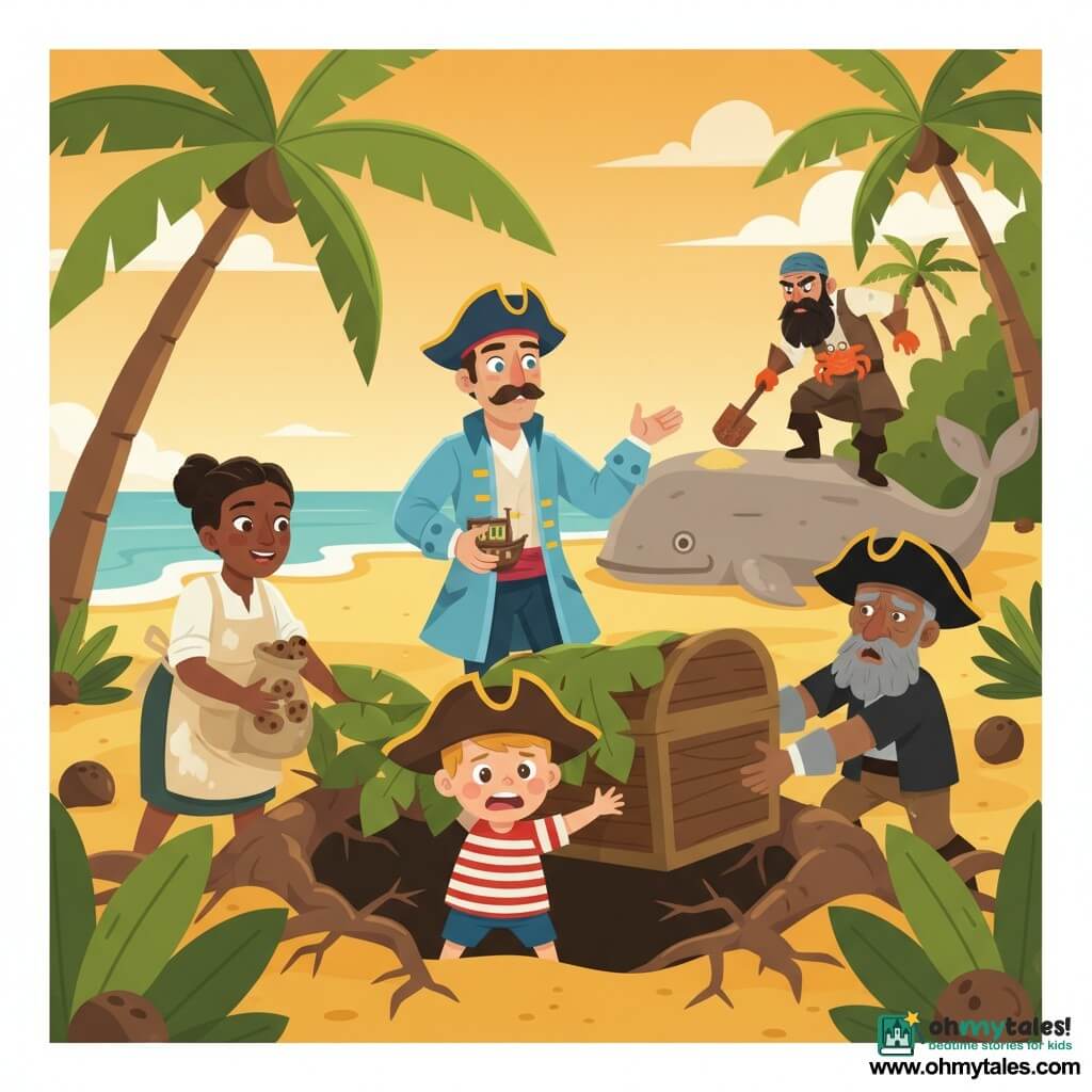 Captain Bram watches calmly with bright eyes and a short mustache, wearing a light blue pirate coat with gold buttons; he holds a small boat-shaped music box in his right hand and quietly directs as he helps slide a wooden chest into a hollow under tangled roots. Pip, a small enthusiastic boy with an oversized hat and red-and-white striped shirt, pushes the chest with effort, cheeks flushed. Marla, a smiling 25-year-old cook in a flour-stained beige apron, holds a bag of biscuits and covers the chest with leaves at the left side of the hole. Old Jo, an elderly man with a wrinkled face, gray beard and worn tricorne, lifts the chest on the right and peers warily toward the jungle. In the background on the sand, Captain Clawbeard, tall with a scruffy black beard and a crab-buckle belt, searches near a whale-shaped rock with an aggressive, suspicious posture. The setting is a jungle clearing by a beach with golden sand, leaning palms, bright green leaves, scattered coconuts and a large whale-shaped stone; the group stealthily buries a treasure chest in a root hollow while the villain combs the shore—warm sunset light, vivid contrast, centered composition focused on the hole and chest.