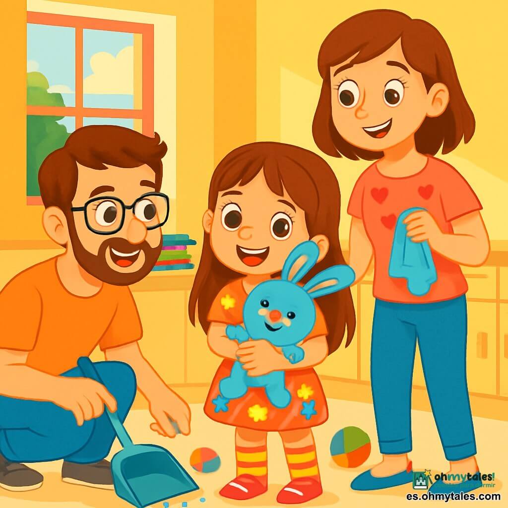 Una niña de 6 años, con largos cabellos castaños y ojos brillantes, sonríe alegremente mientras sostiene su peluche, un conejito azul, en sus brazos. Lleva un vestido colorido con flores y calcetas a rayas. A su lado, su papá, un hombre de unos treinta años con barba suave y gafas, está agachado, sonriendo y sosteniendo una escobita, listo para limpiar. Su mamá, una mujer de unos treinta años con cabello castaño y una camiseta con motivos de corazones, está de pie sosteniendo un trapo, con una mirada amorosa y alentadora. La escena tiene lugar en una cocina luminosa y acogedora, con paredes amarillas y ventanas que dejan entrar la luz del sol. En la mesa, platos coloridos y juguetes esparcidos añaden vida al entorno. La situación principal muestra a la niña y sus padres limpiando juntos, riendo y ayudándose mutuamente, creando una atmósfera de complicidad y felicidad familiar.